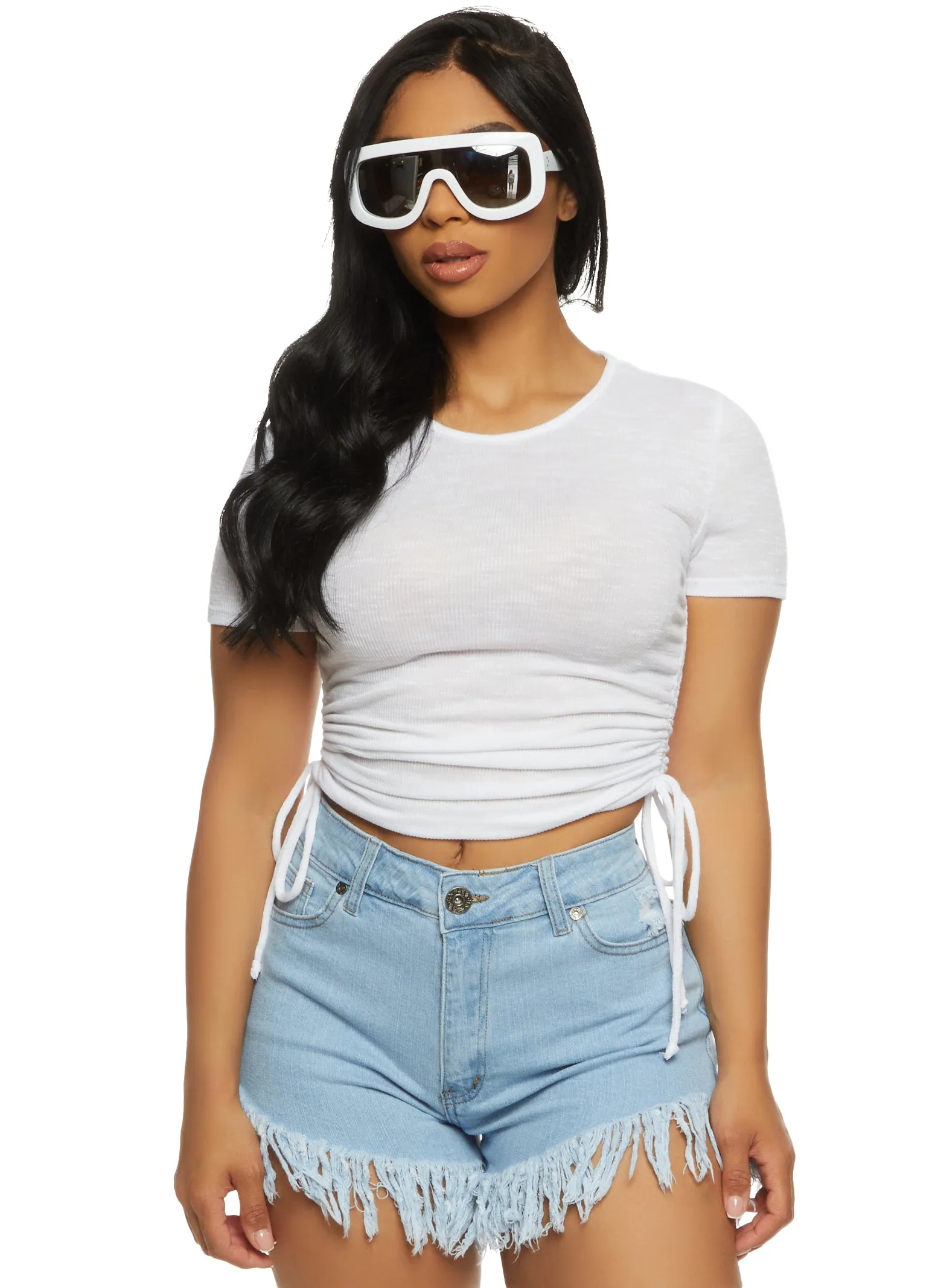 Ribbed Crew Neck Ruched Side T Shirt sold by Rainbow