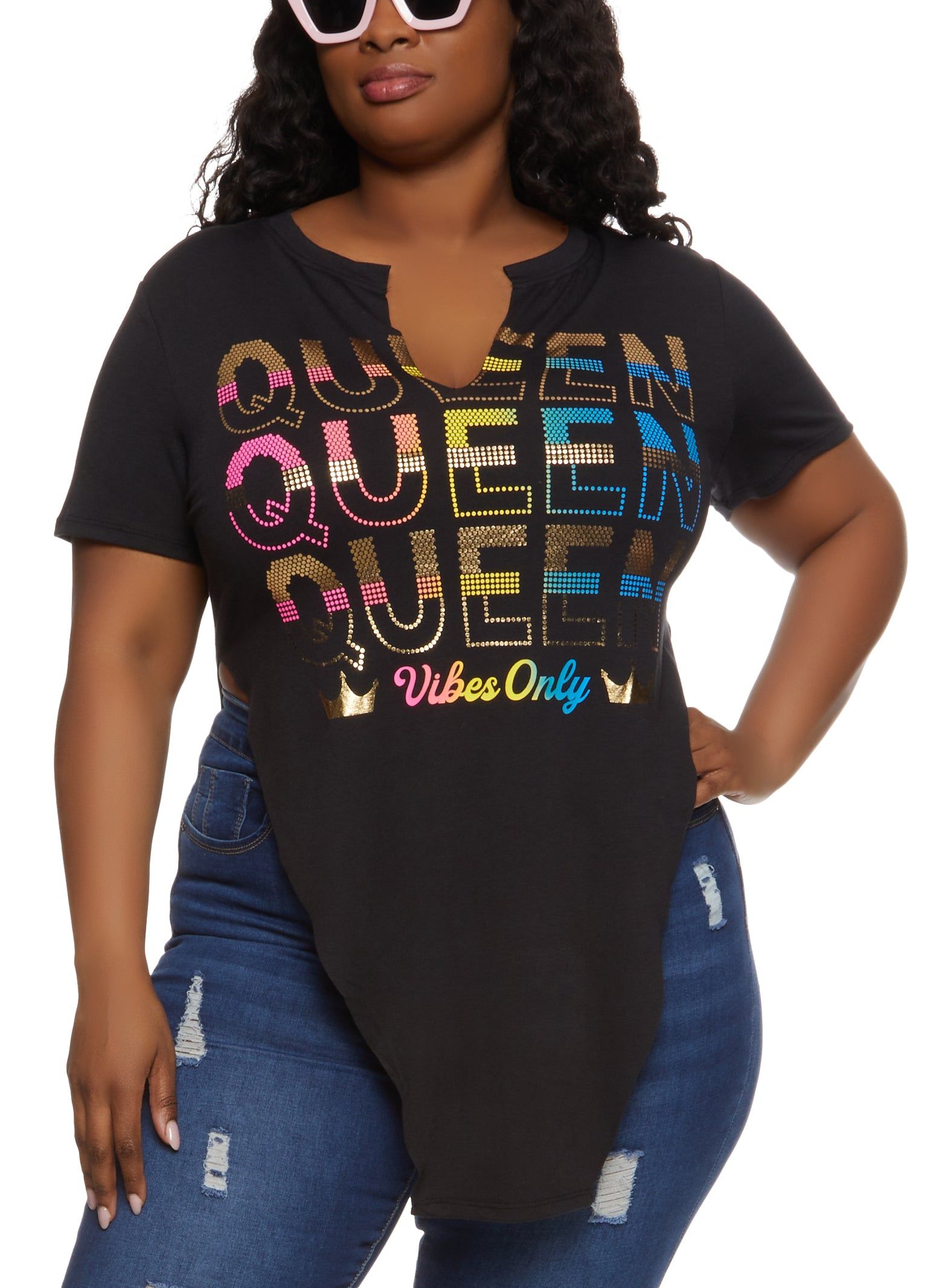 Plus Size Queen Vibes Hanky Hem Graphic Tee sold by Rainbow