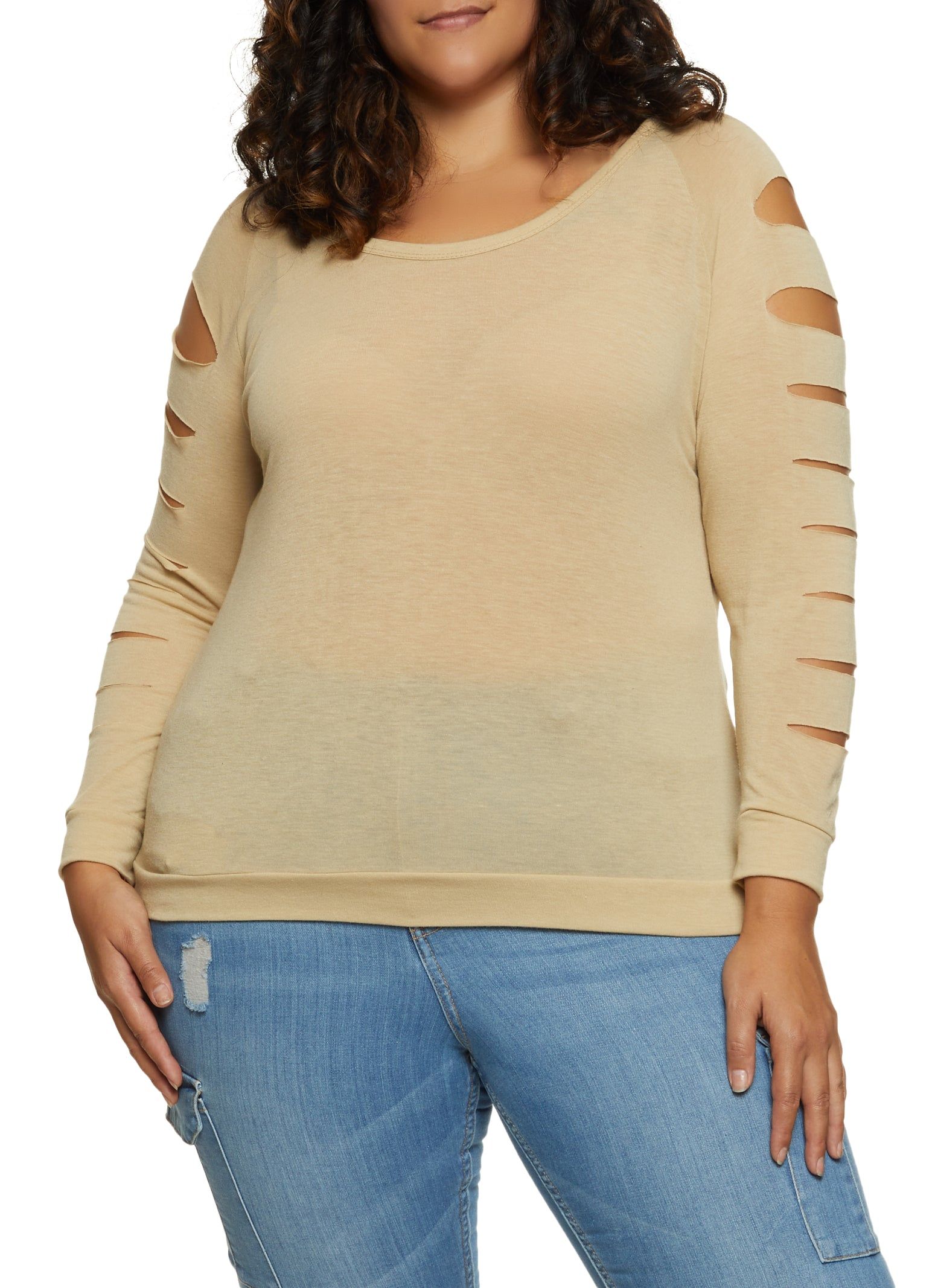 Plus Size Slashed Long Sleeve Scoop Neck Top sold by Rainbow