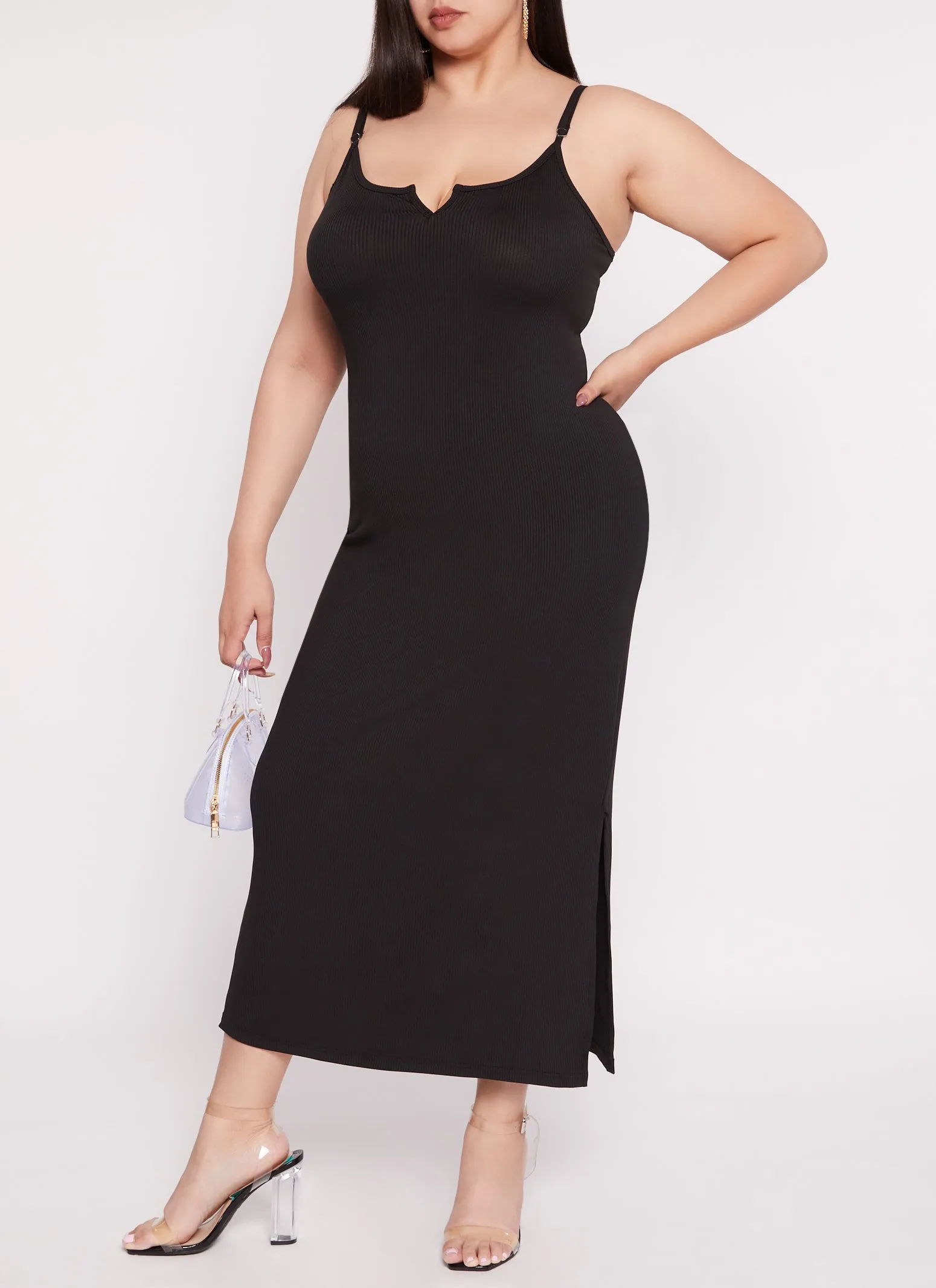 Plus Size Rib Knit Split Neck Cami Maxi Dress sold by Rainbow product image thumbnail 2