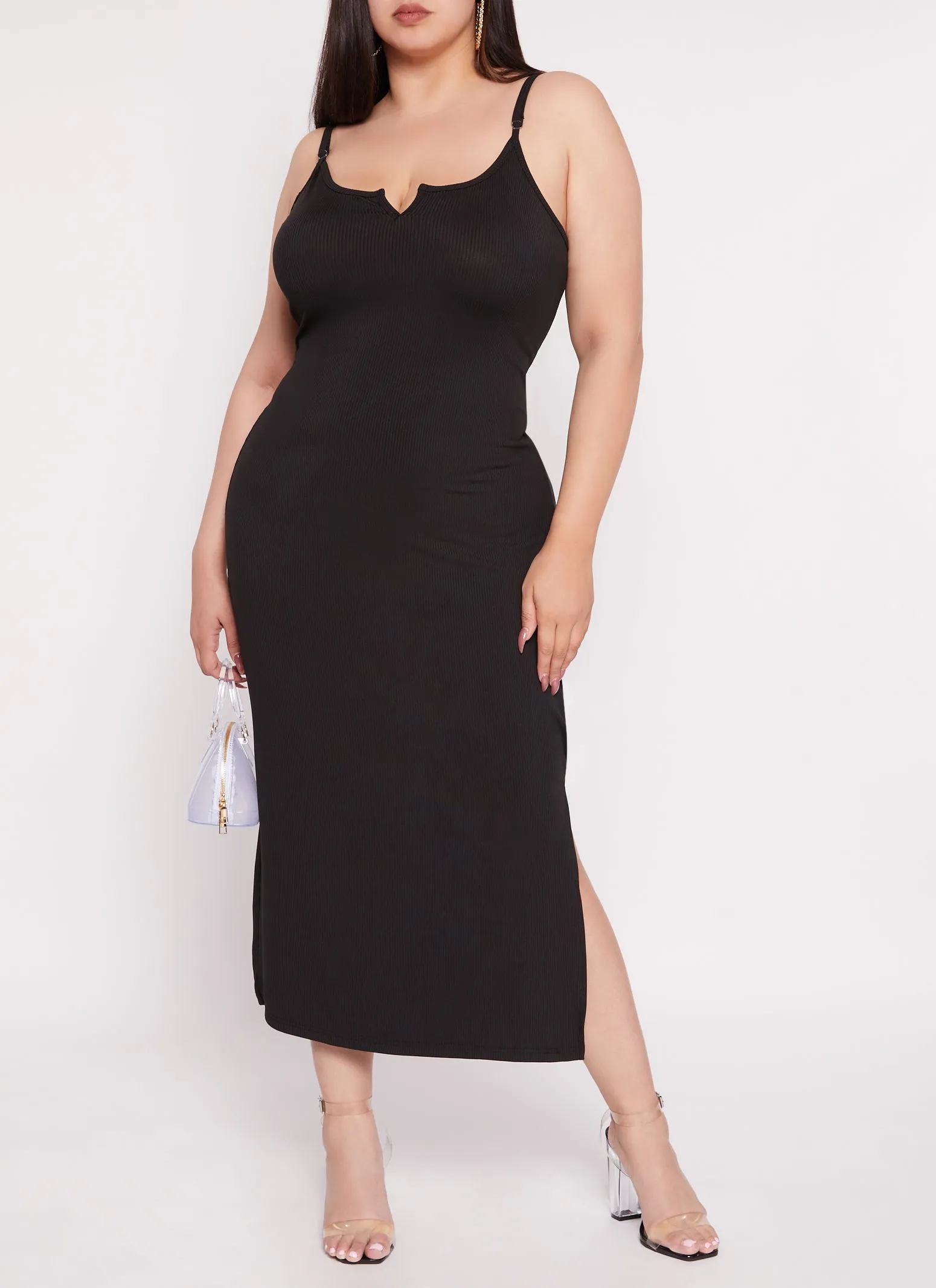 Plus Size Rib Knit Split Neck Cami Maxi Dress sold by Rainbow