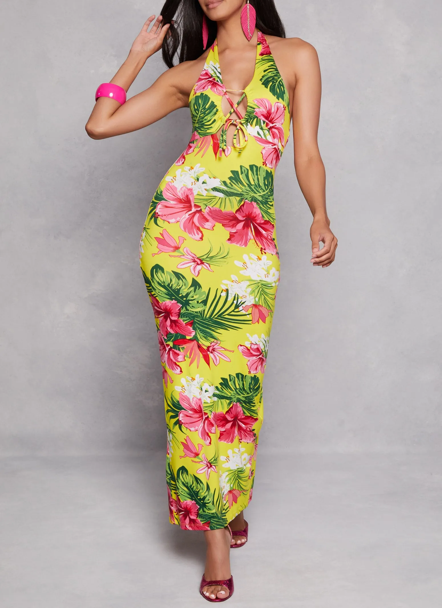 Floral Print Lace Up Front Halter Maxi Dress sold by Rainbow product image thumbnail 2