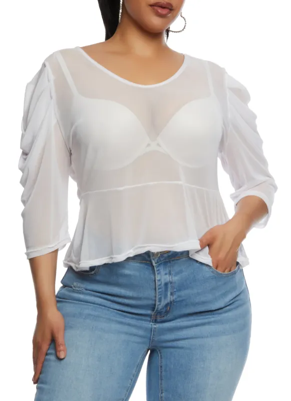 Plus Size Mesh Ruched Quarter Sleeve Top sold by Rainbow