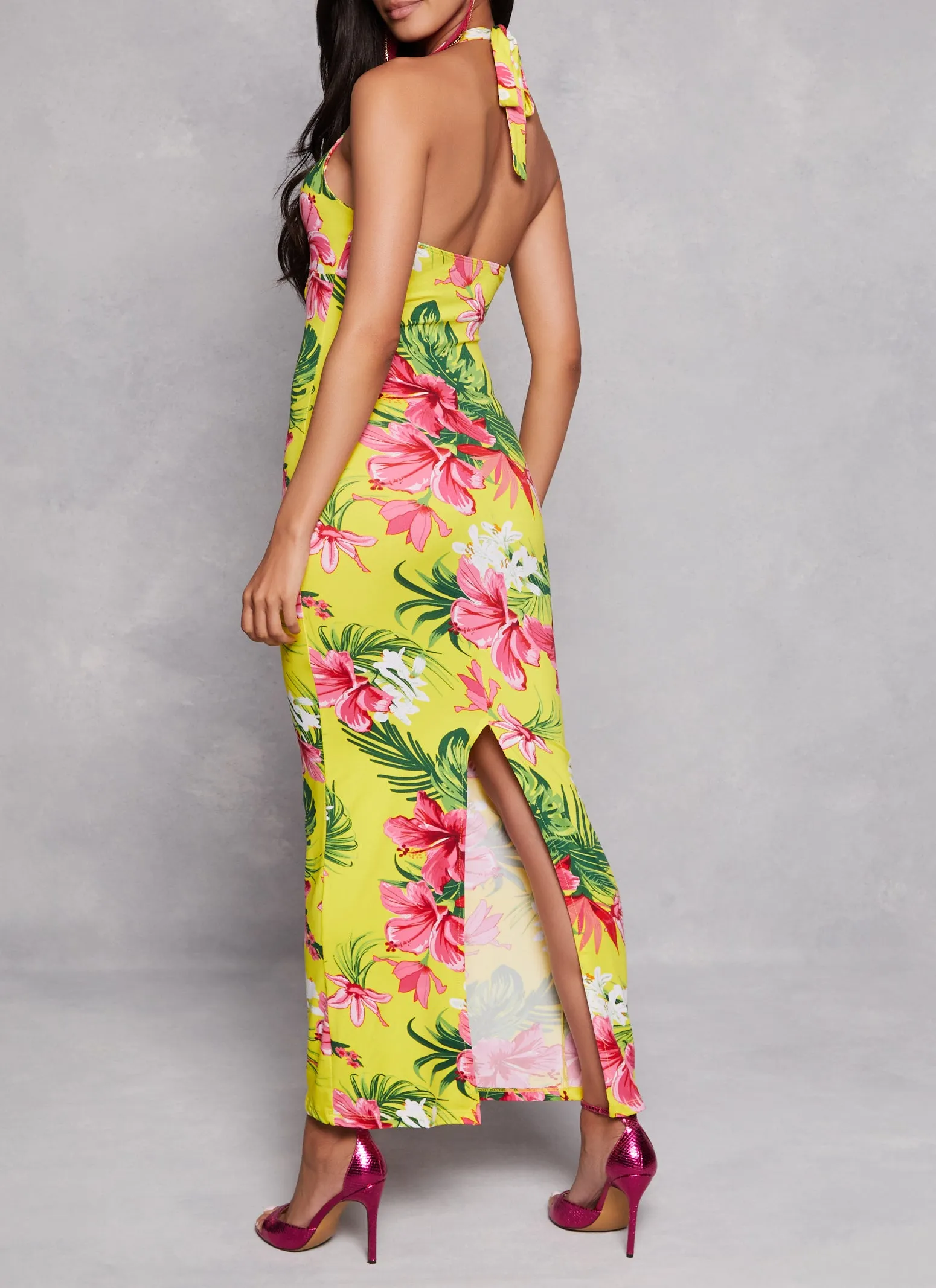 Floral Print Lace Up Front Halter Maxi Dress sold by Rainbow product image thumbnail 3