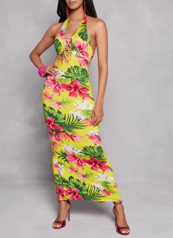 Floral Print Lace Up Front Halter Maxi Dress sold by Rainbow