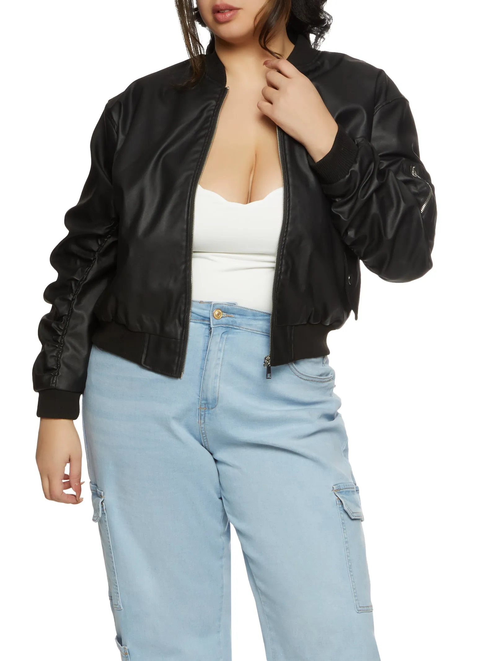 Plus Size Faux Leather Ruched Sleeve Bomber Jacket sold by Rainbow