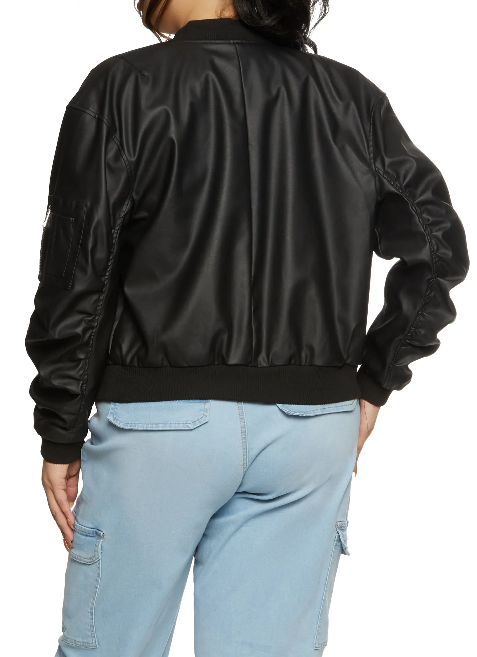Plus Size Faux Leather Ruched Sleeve Bomber Jacket sold by Rainbow product image thumbnail 2