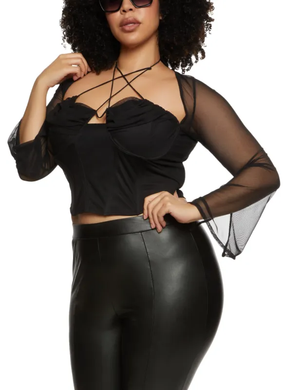 Plus Size Mesh Sleeve Sleeve Strappy Corset Top sold by Rainbow