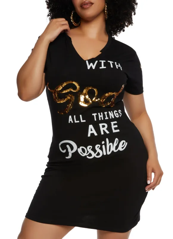 Plus Size With God All Things Sequin Graphic T Shirt Dress sold by Rainbow