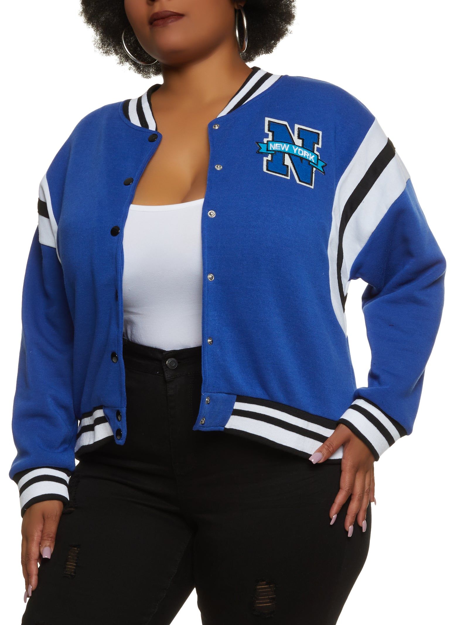 Plus Size New York Patch Varsity Jacket sold by Rainbow