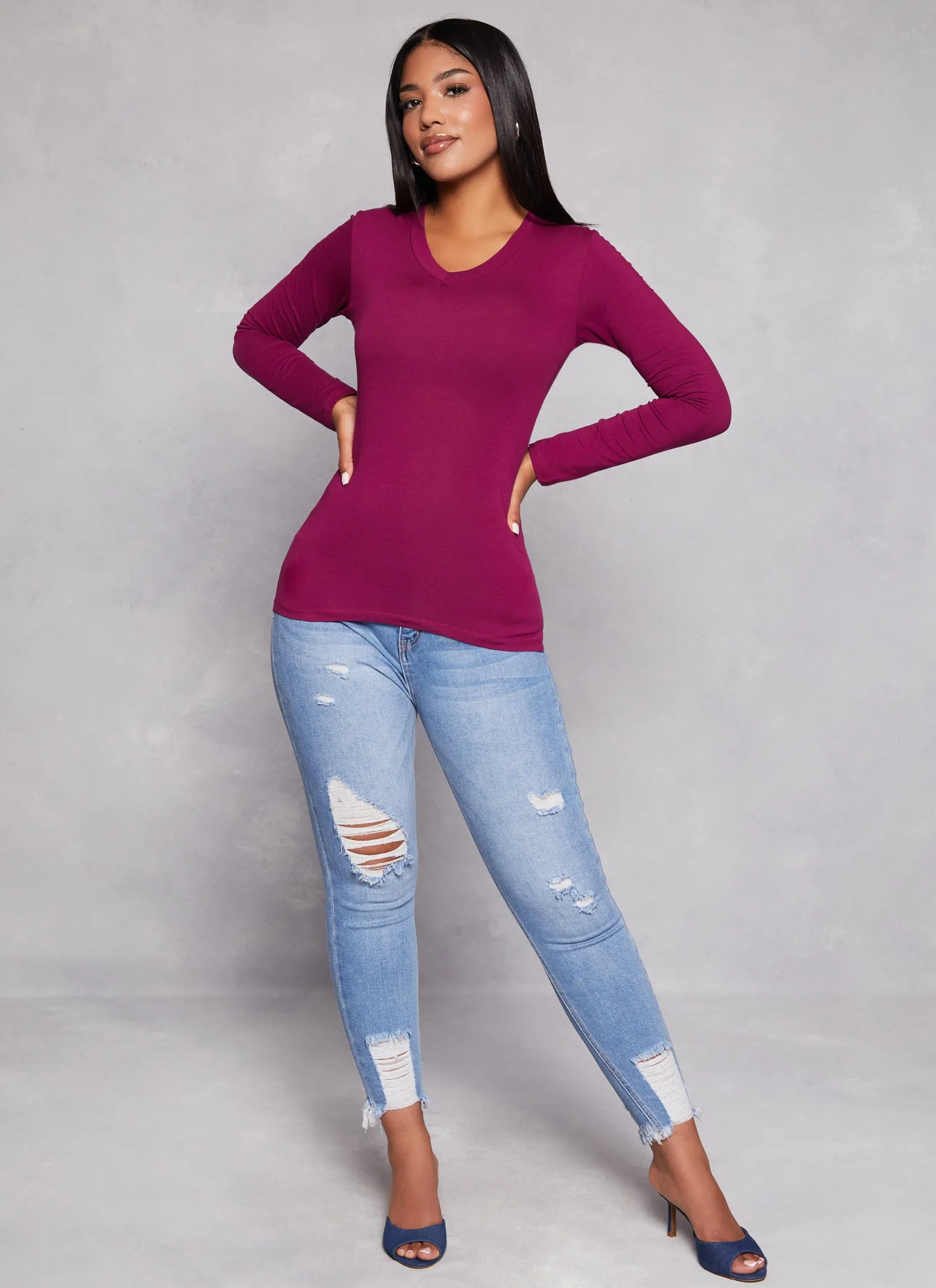 Basic V Neck Long Sleeve T Shirt sold by Rainbow product image thumbnail 2