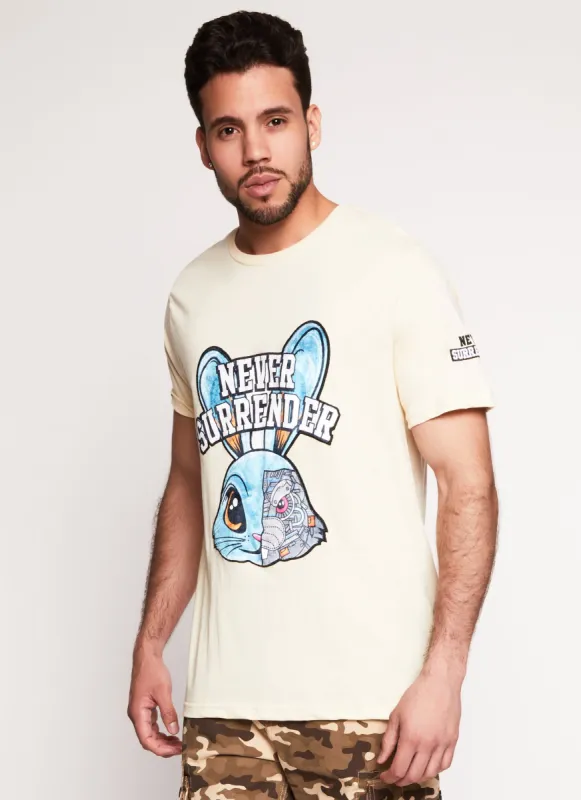 Mens Never Surrender Patch Graphic Tee made by Rainbow