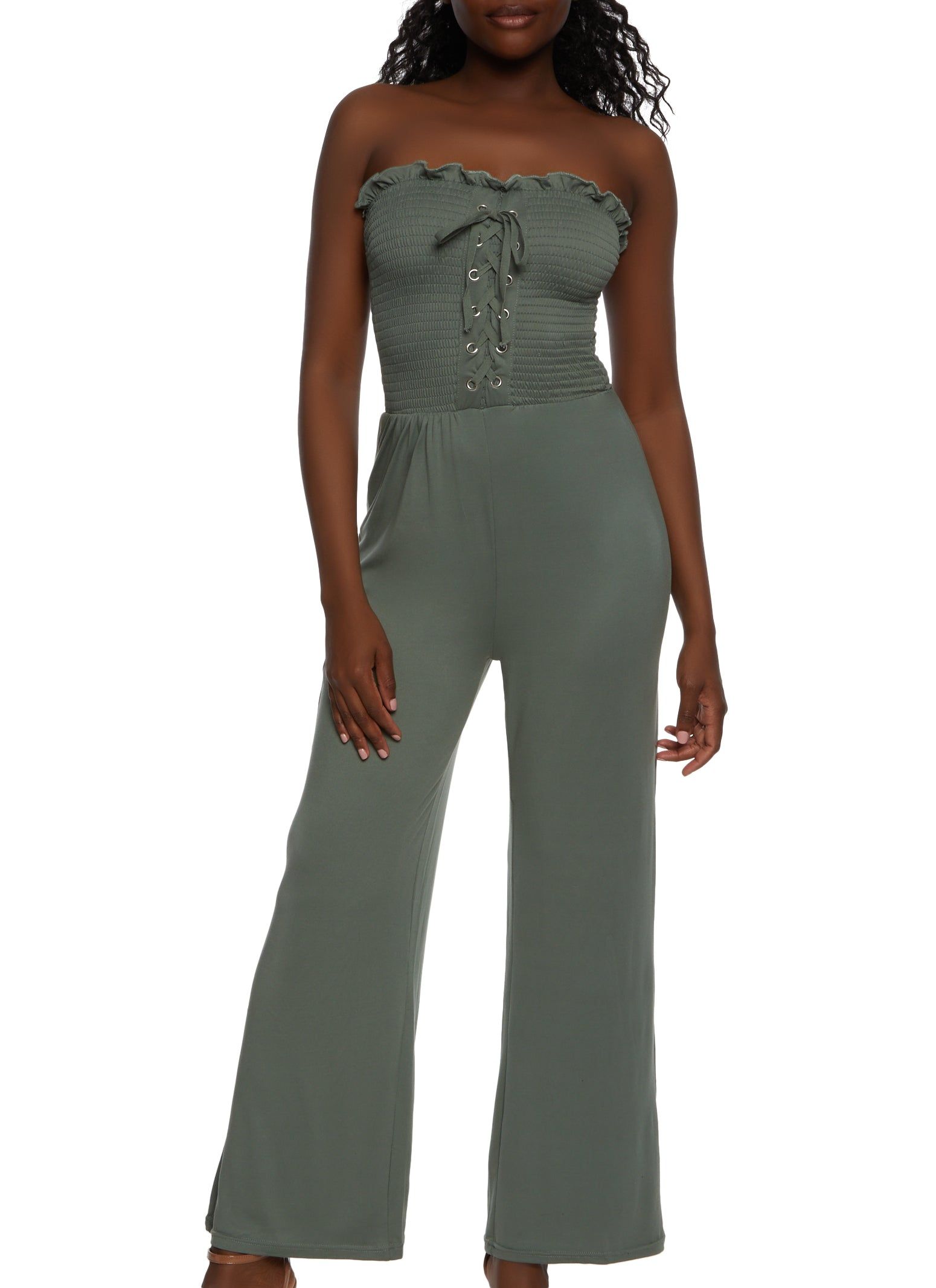 Smocked Lace Up Front Jumpsuit sold by Rainbow