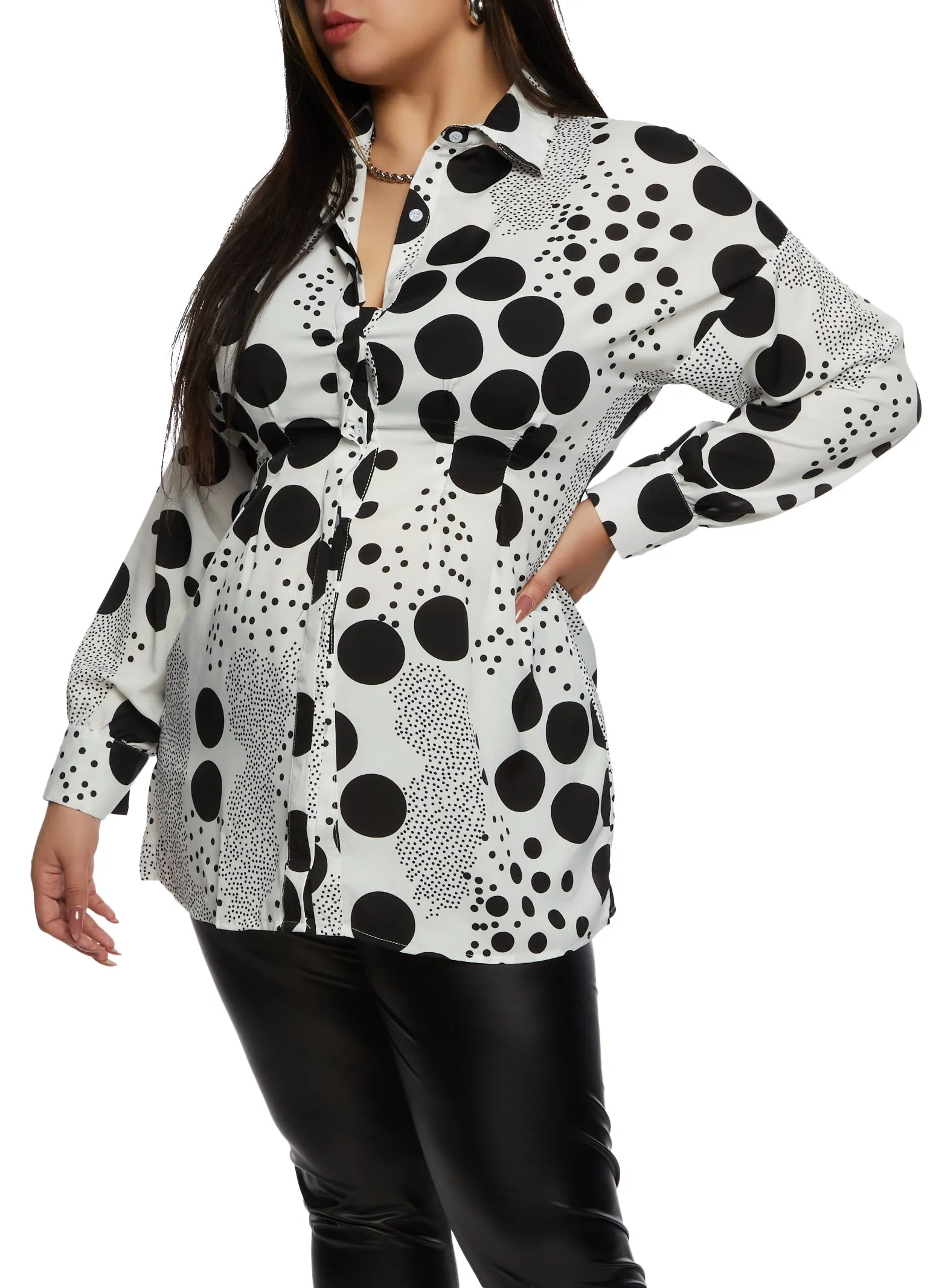 Plus Size Polka Dot Pleated Button Front Shirt sold by Rainbow product image thumbnail 2