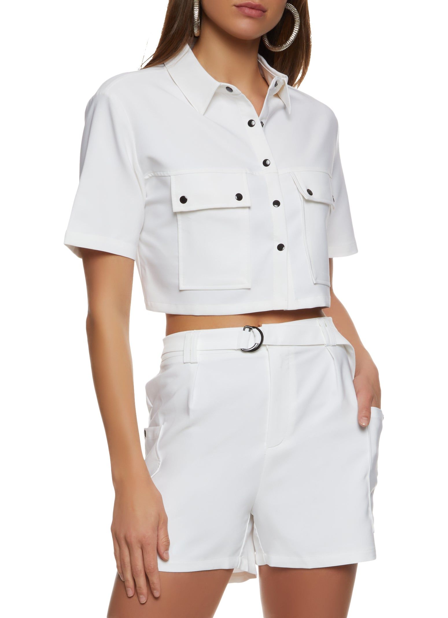 Crepe Knit Button Front Cropped Shirt sold by Rainbow