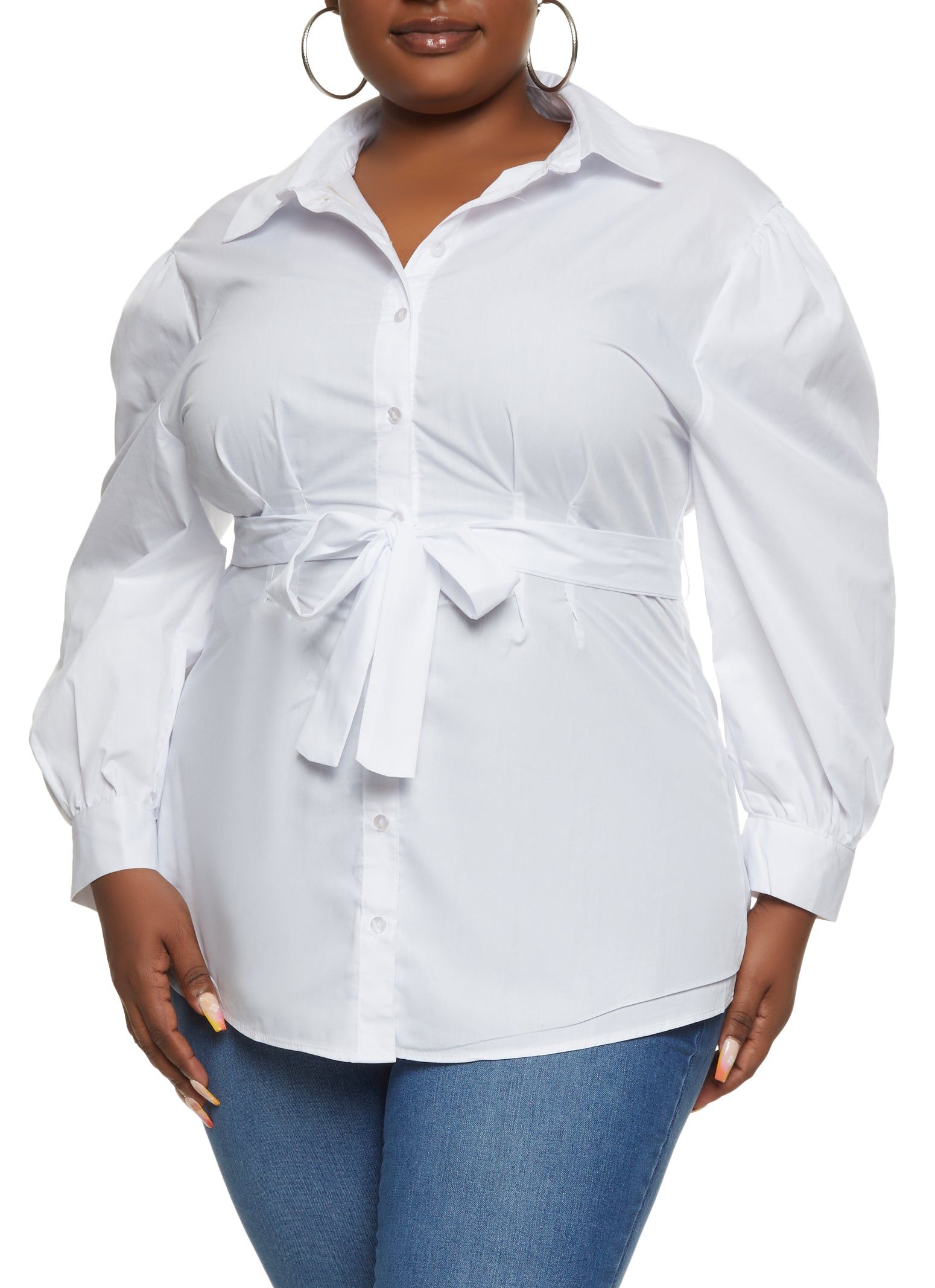 Plus Size Poplin Button Front Tie Waist Shirt sold by Rainbow