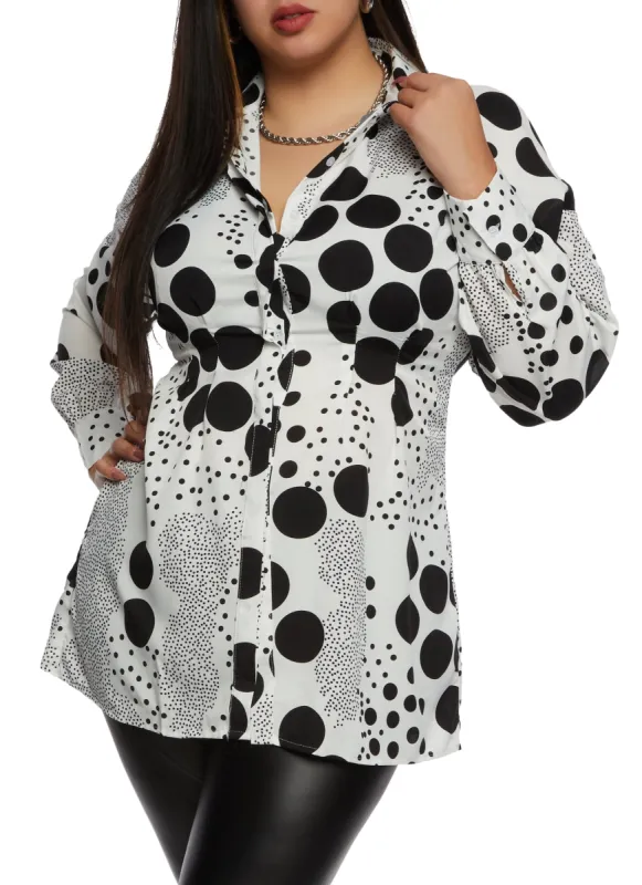 Plus Size Polka Dot Pleated Button Front Shirt sold by Rainbow