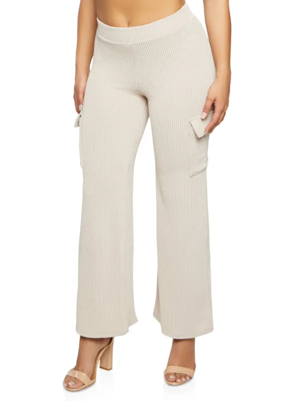 Ribbed High Waist Cargo Pocket Wide Leg Pants sold by Rainbow
