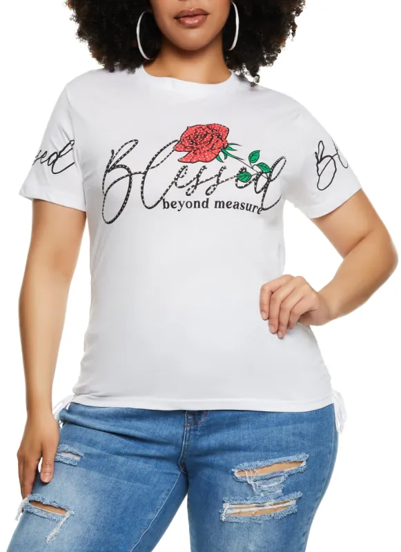 Plus Size Blessed Beyond Measure Slashed Graphic Tee sold by Rainbow