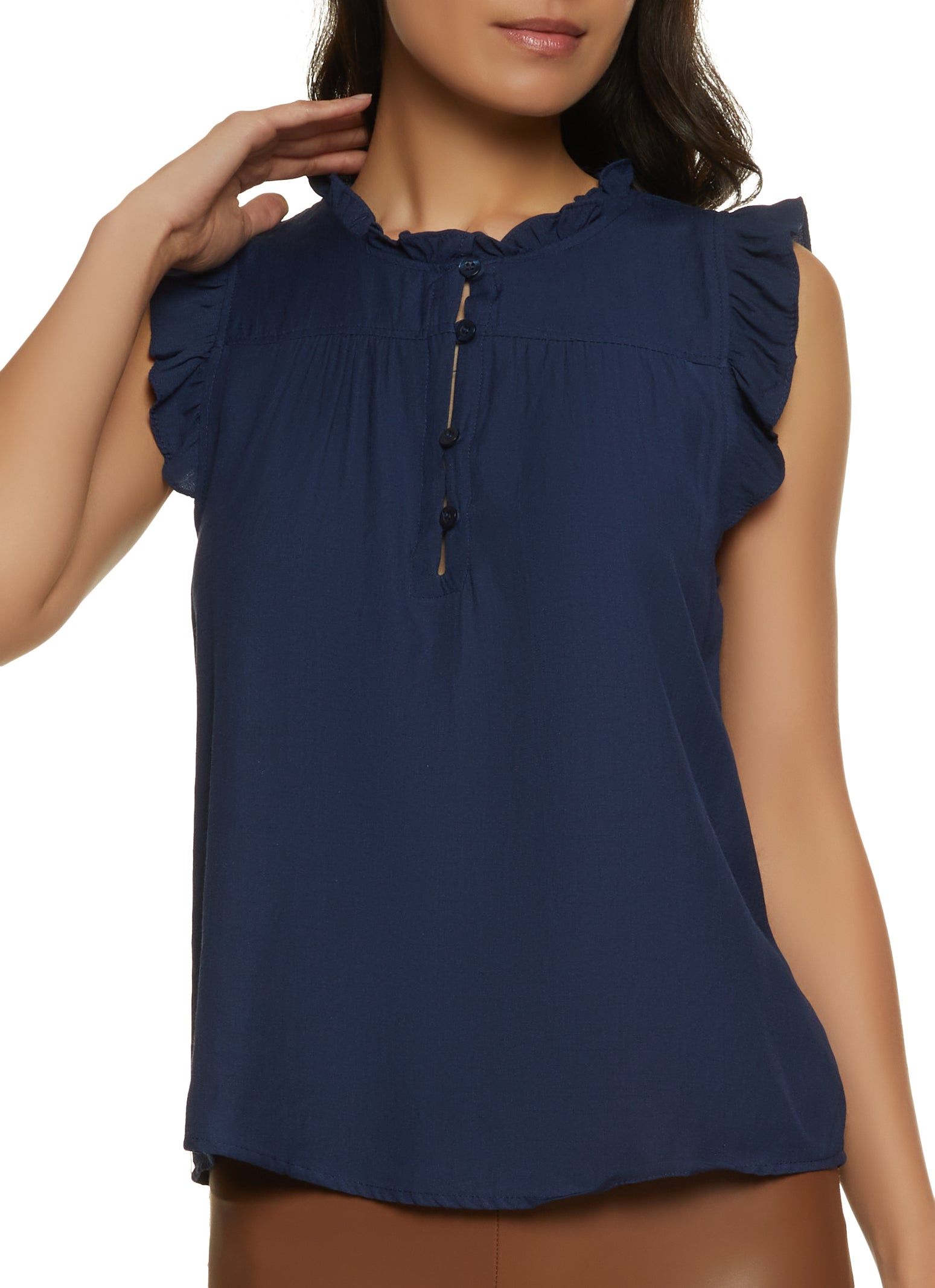 Sleeveless Half Button Ruffle Trim Blouse sold by Rainbow