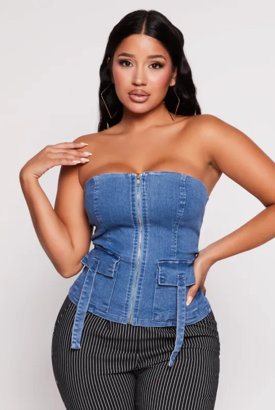 Denim Zip Front Flap Pocket Tube Top sold by Rainbow