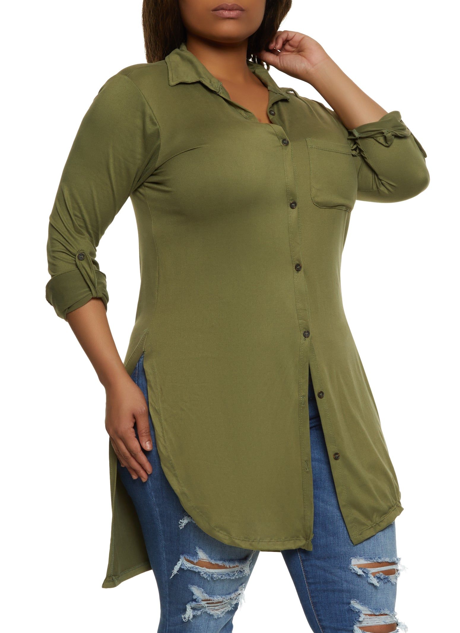 Plus Size Side Slit Button Front High Low Shirt sold by Rainbow