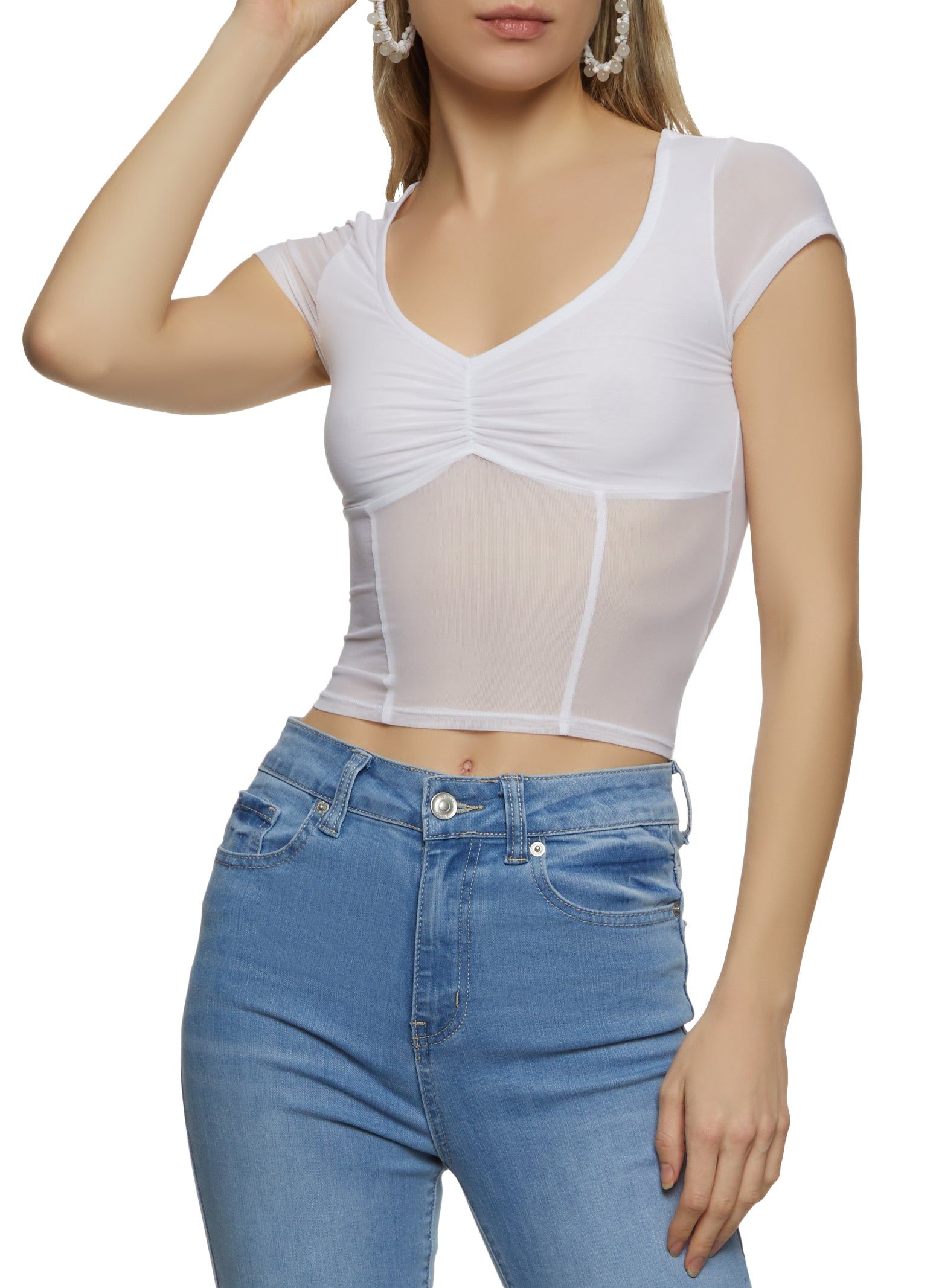 Short Sleeve Ruched Front Mesh Top sold by Rainbow
