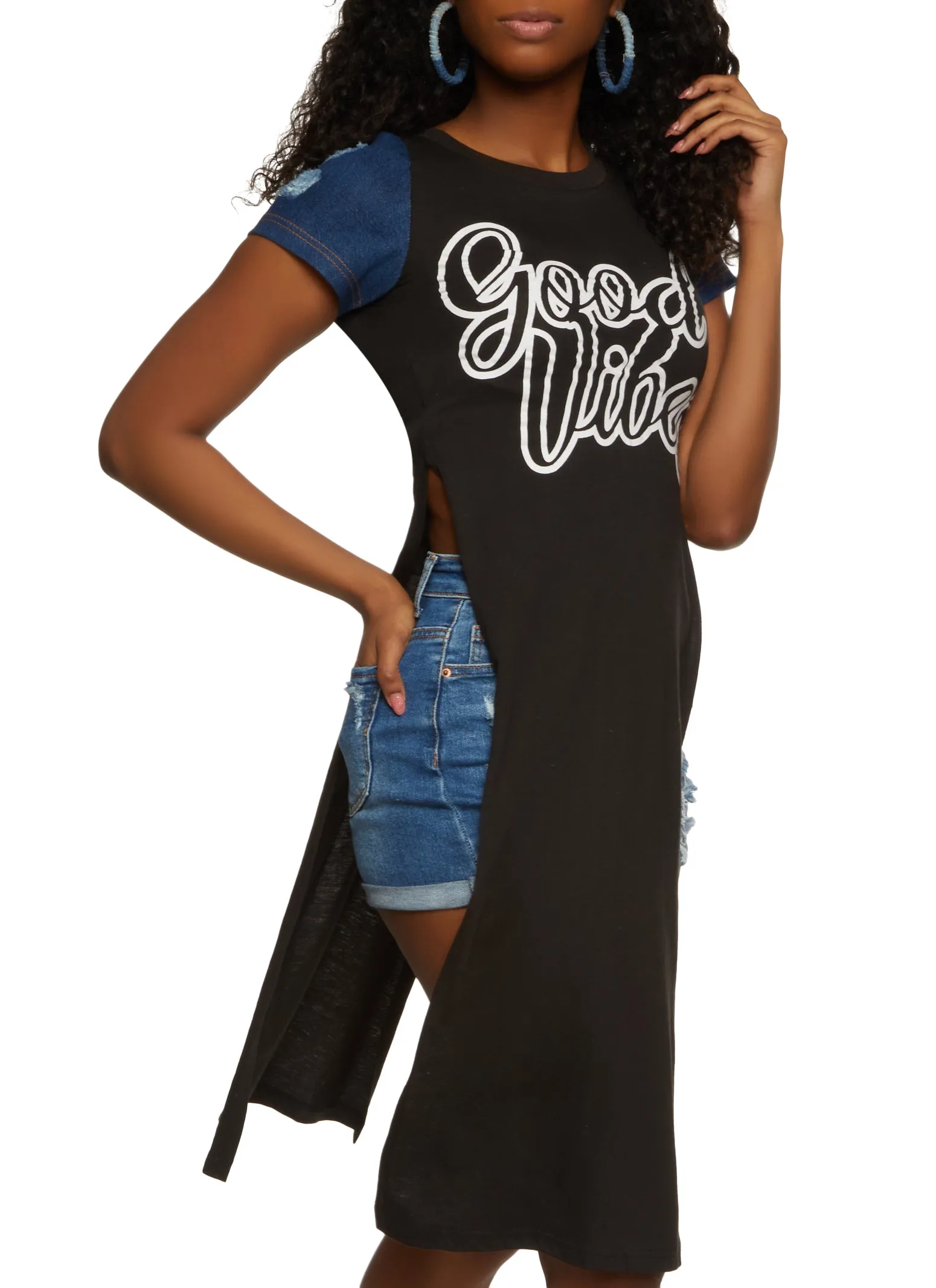 Distressed Denim Sleeve Good Vibes Graphic Maxi Tee sold by Rainbow