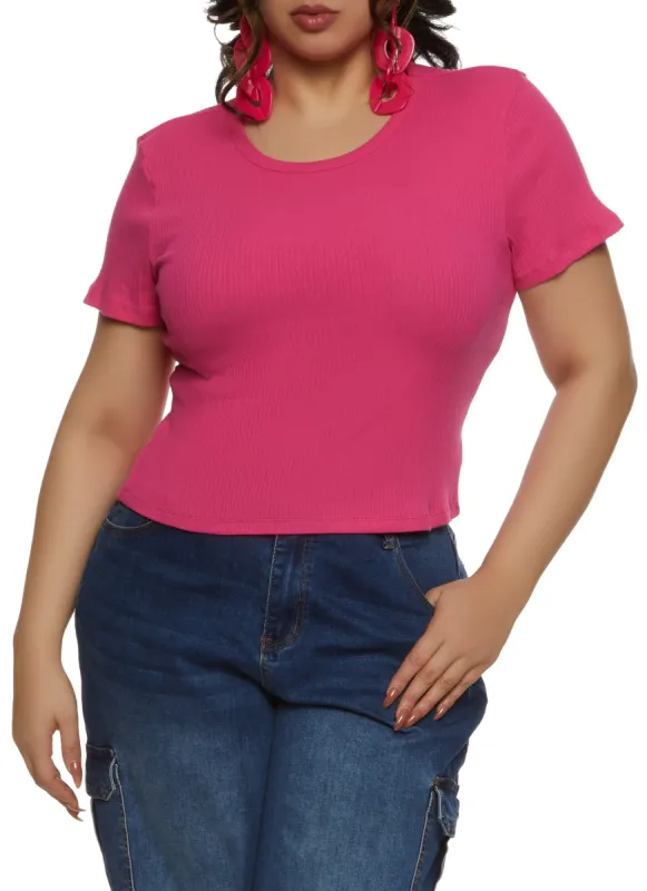 Plus Size Basic Ribbed Knit Short Sleeve Top sold by Rainbow