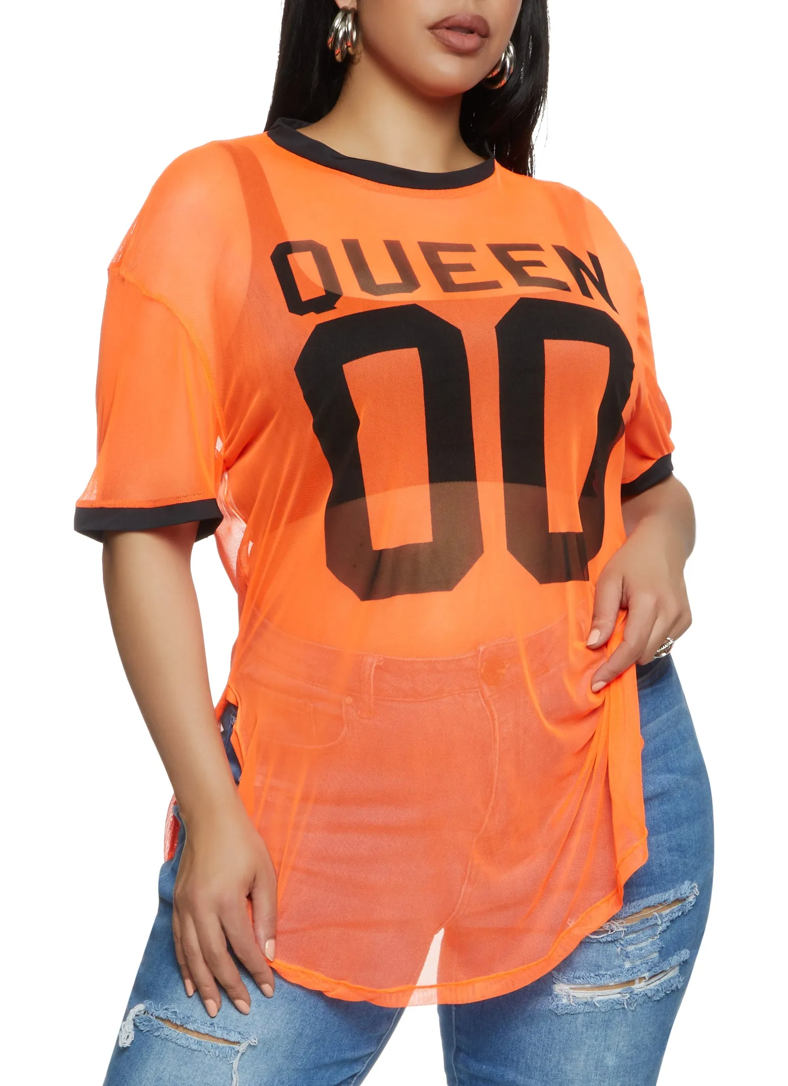 Plus Size Sheer Mesh Queen Baseball T Shirt sold by Rainbow