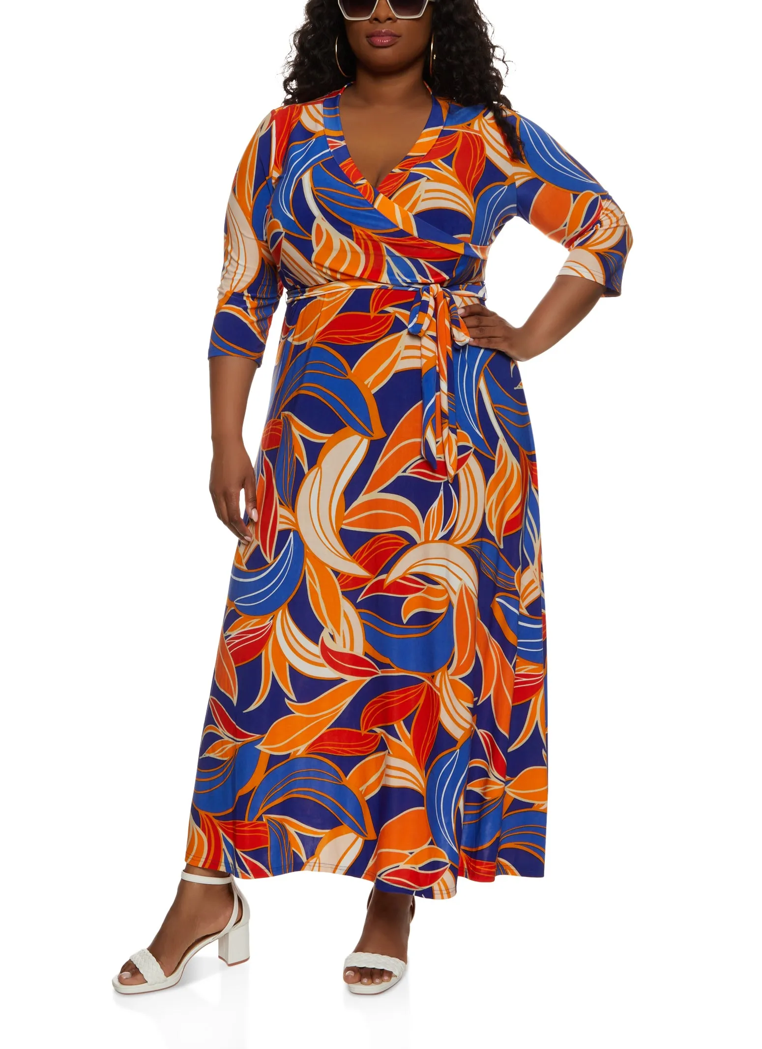 Plus Size Printed Quarter Sleeve Faux Wrap Maxi Dress sold by Rainbow