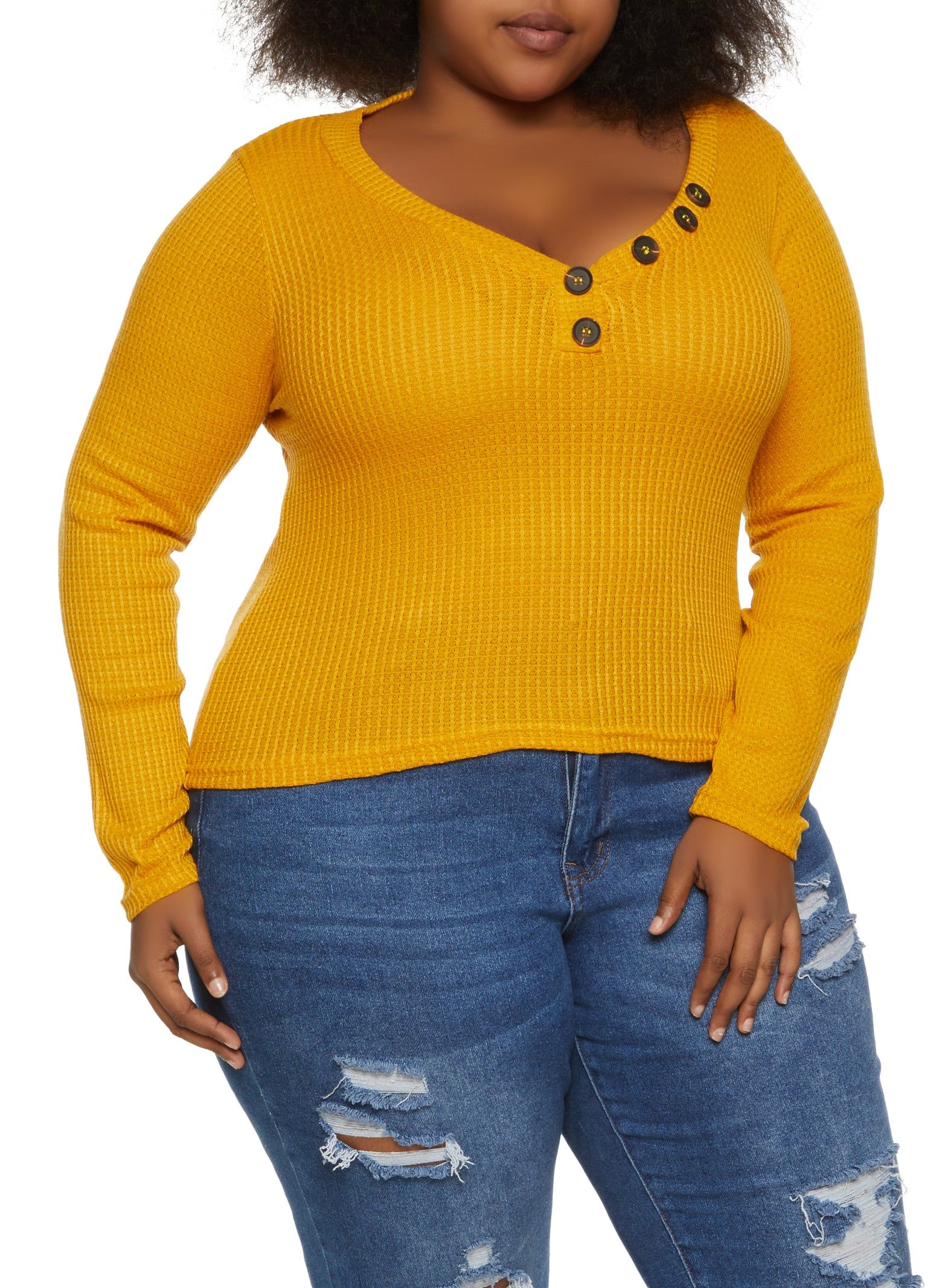 Plus Size Waffle Knit Faux Button Detail Henley Top sold by Rainbow