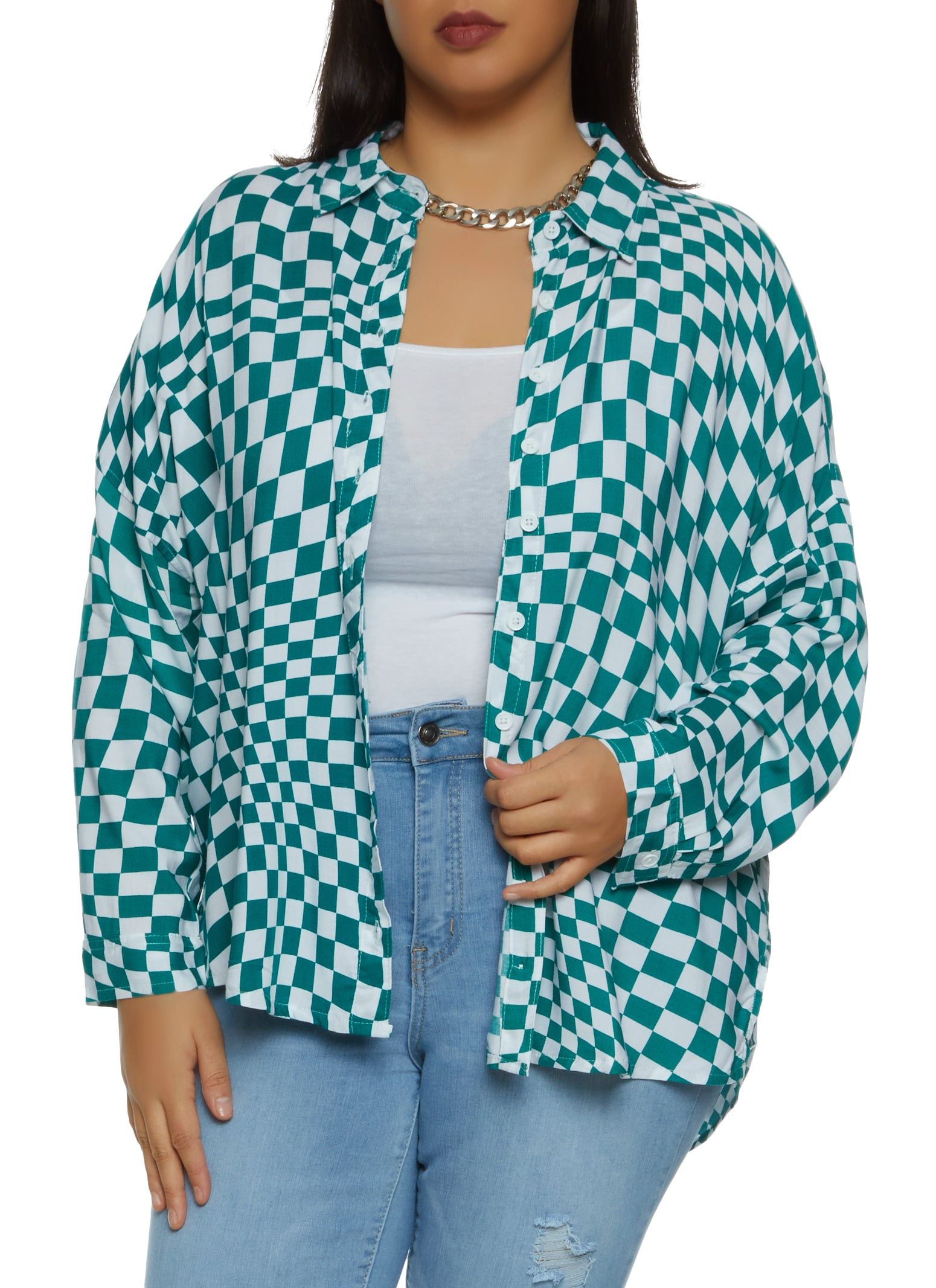 Plus Size Checkered Button Front Shirt sold by Rainbow