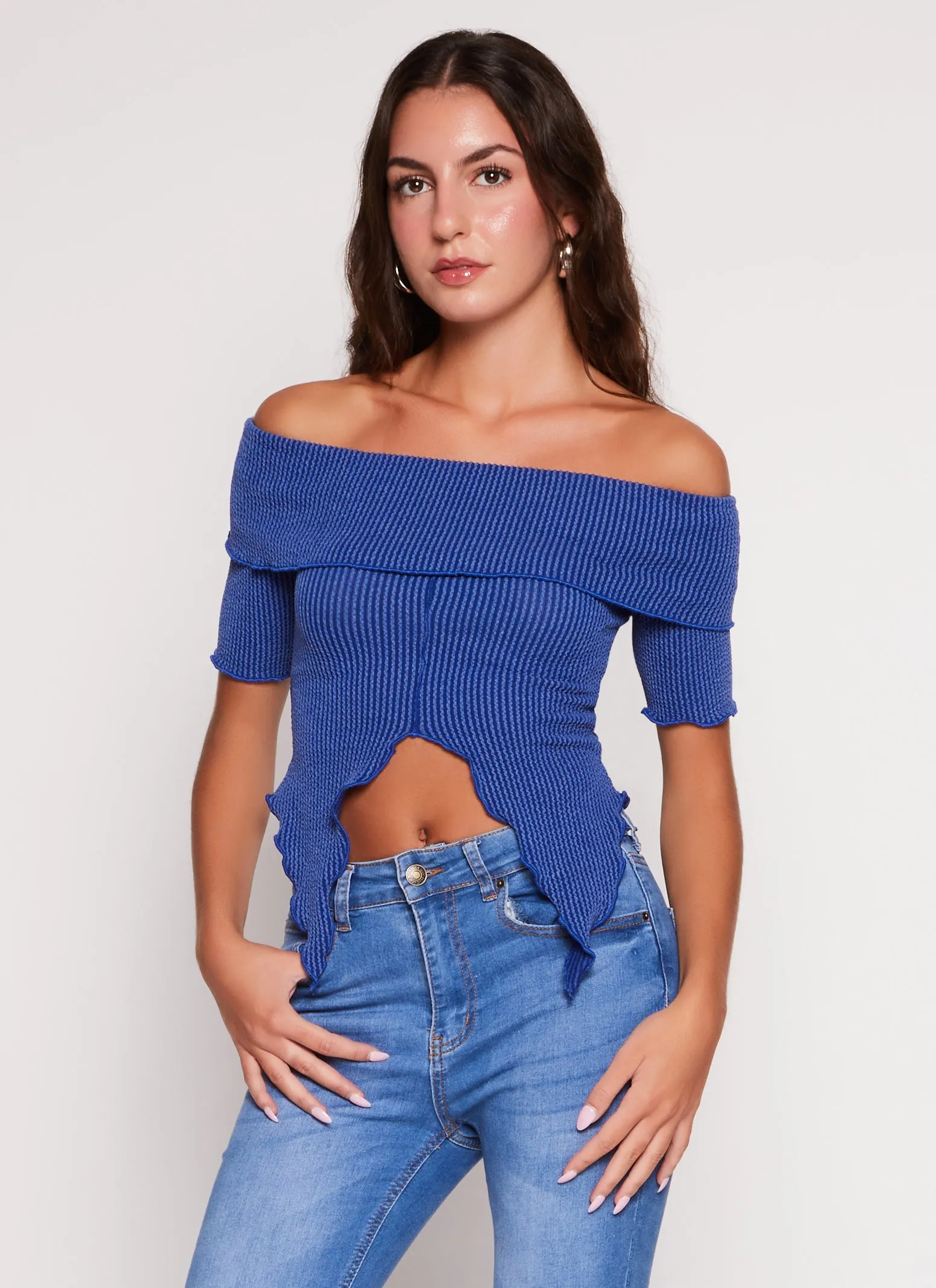 Textured Knit Off the Shoulder Crop Top sold by Rainbow