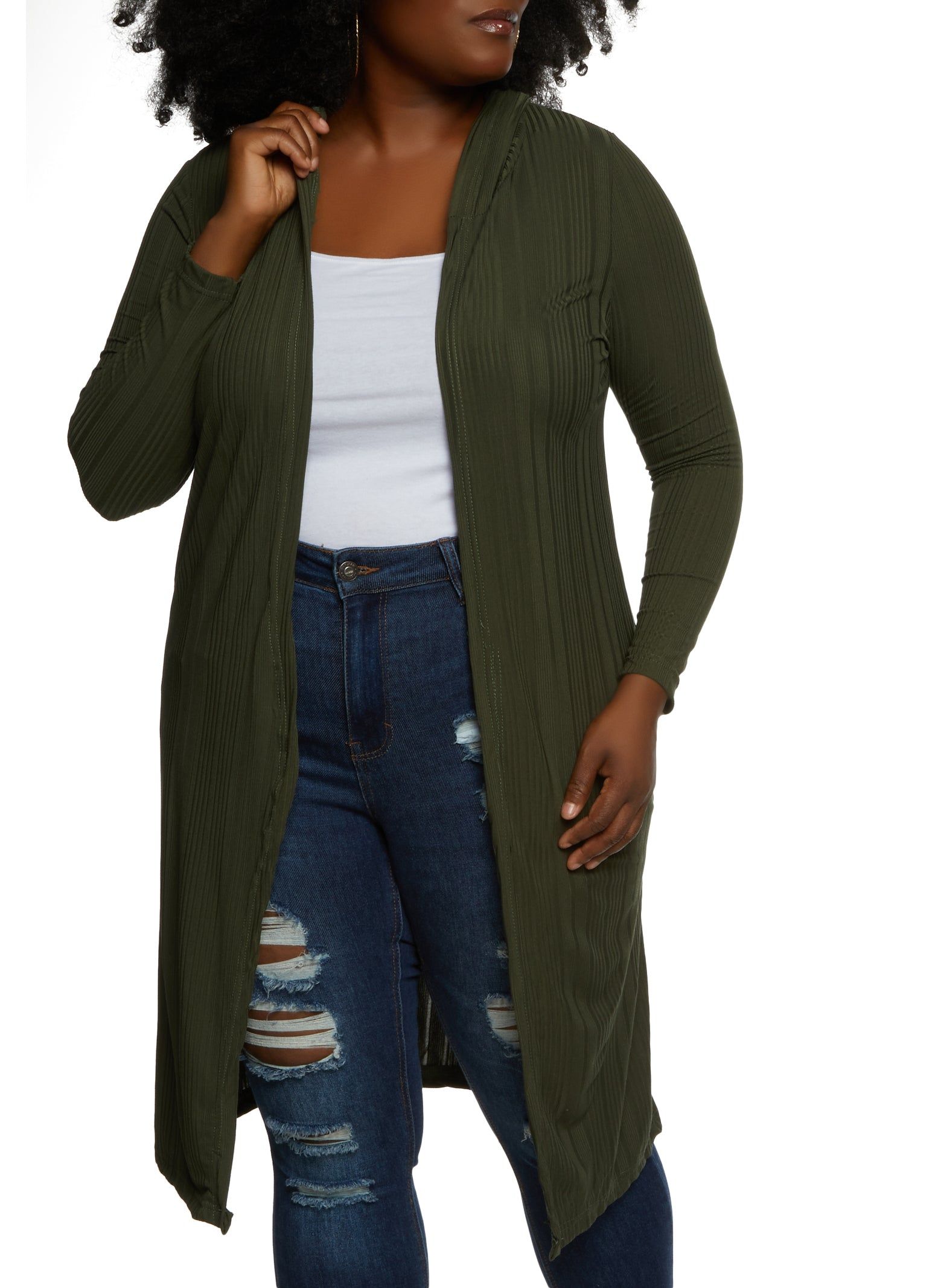 Plus Size Ribbed Knit Hooded Duster sold by Rainbow