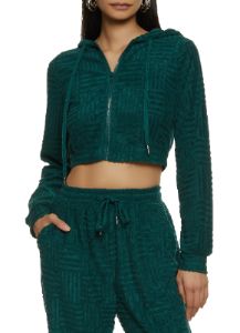 Chenille Zip Front Cropped Hooded Sweatshirt sold by Rainbow