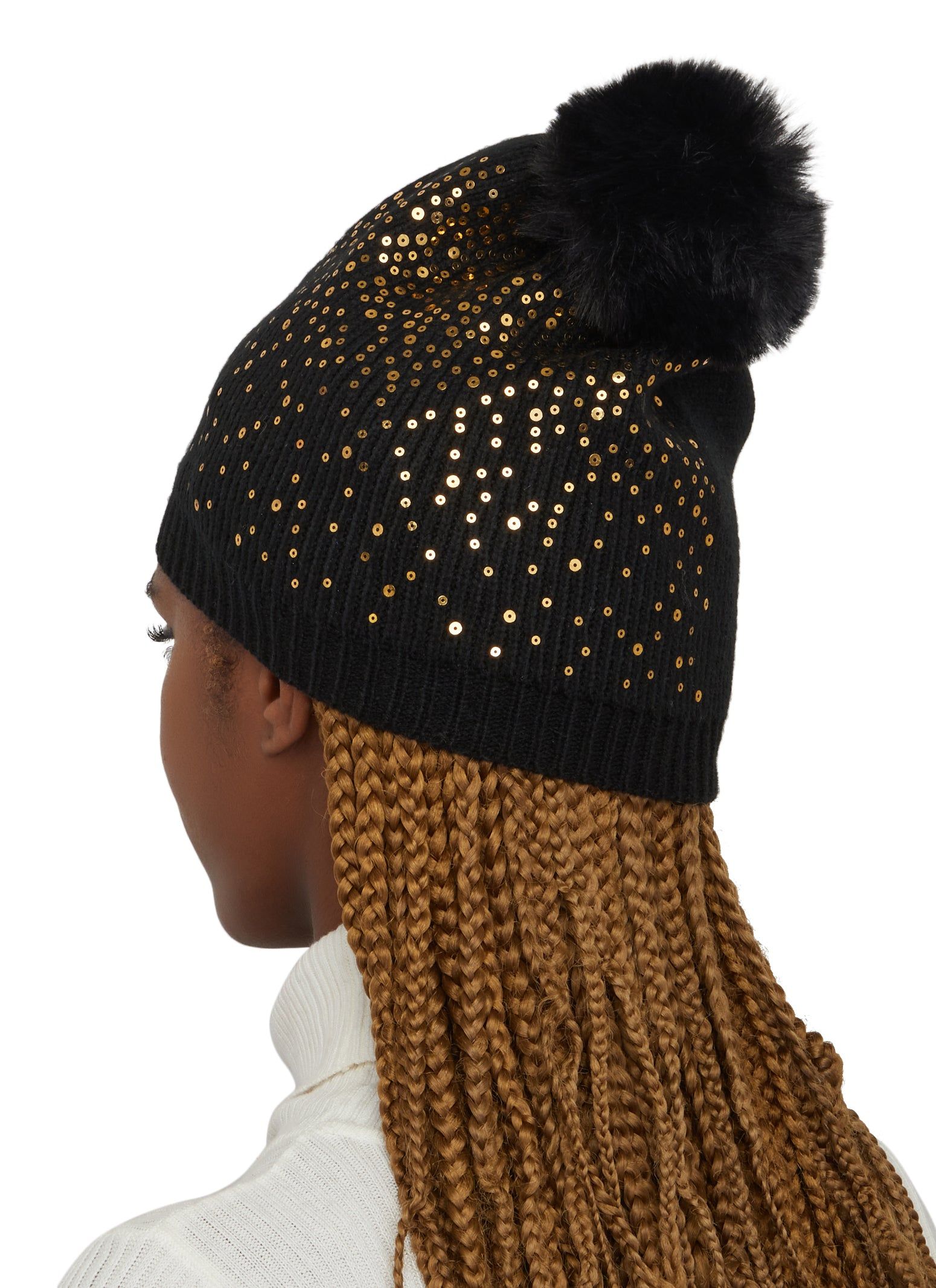 Sequin Faux Fur Pom Pom Beanie sold by Rainbow