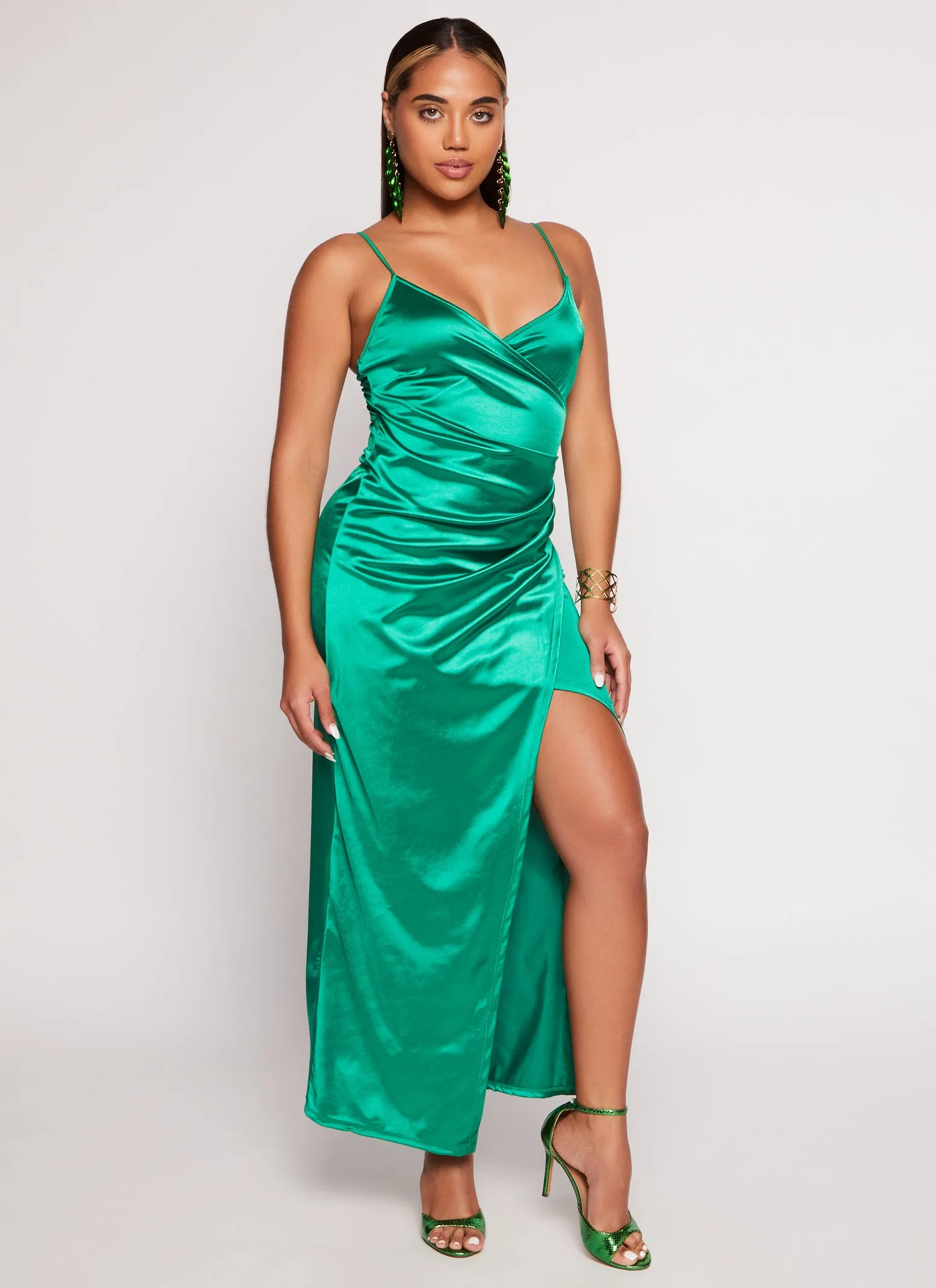 Satin Slit Front Faux Wrap Maxi Dress sold by Rainbow