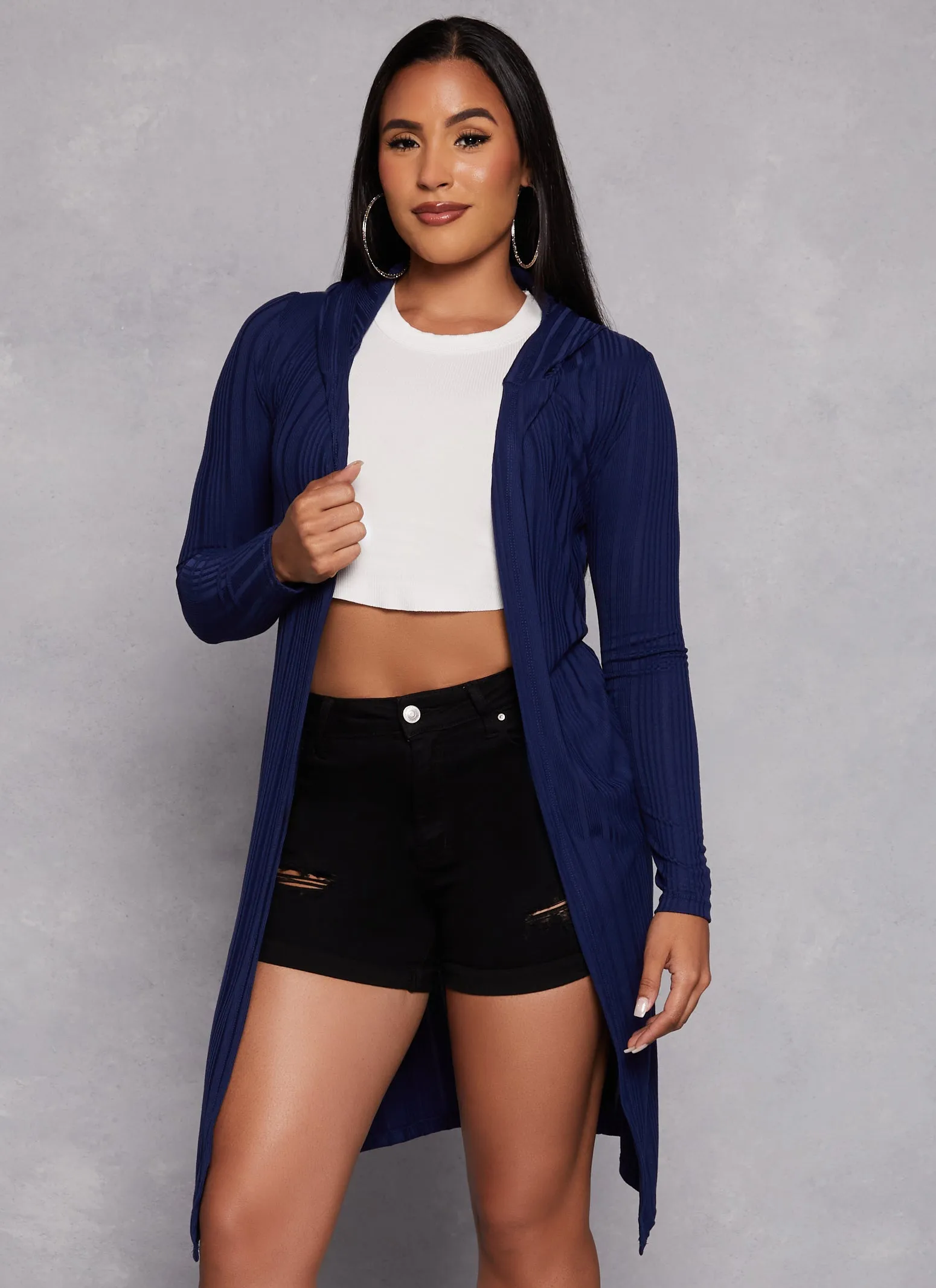 Rib Knit Hooded Long Sleeve Duster sold by Rainbow