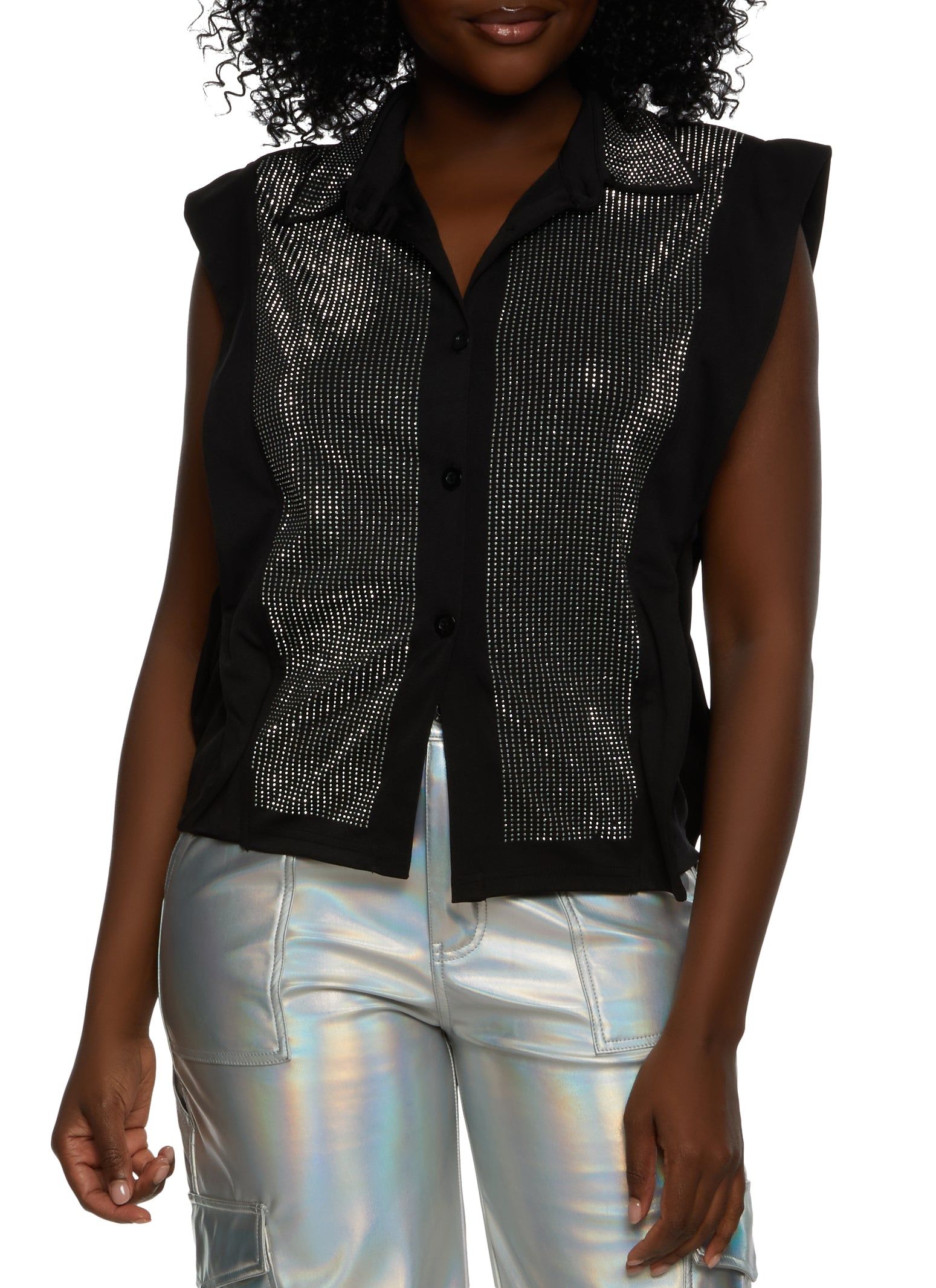 Rhinestone Studded Sleeveless Button Front Top sold by Rainbow