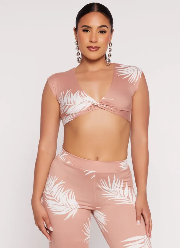 Palm Leaf Print Twist Front Crop Top sold by Rainbow