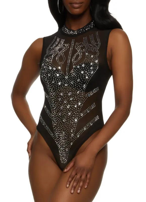 Mesh Rhinestone Mock Neck Bodysuit sold by Rainbow