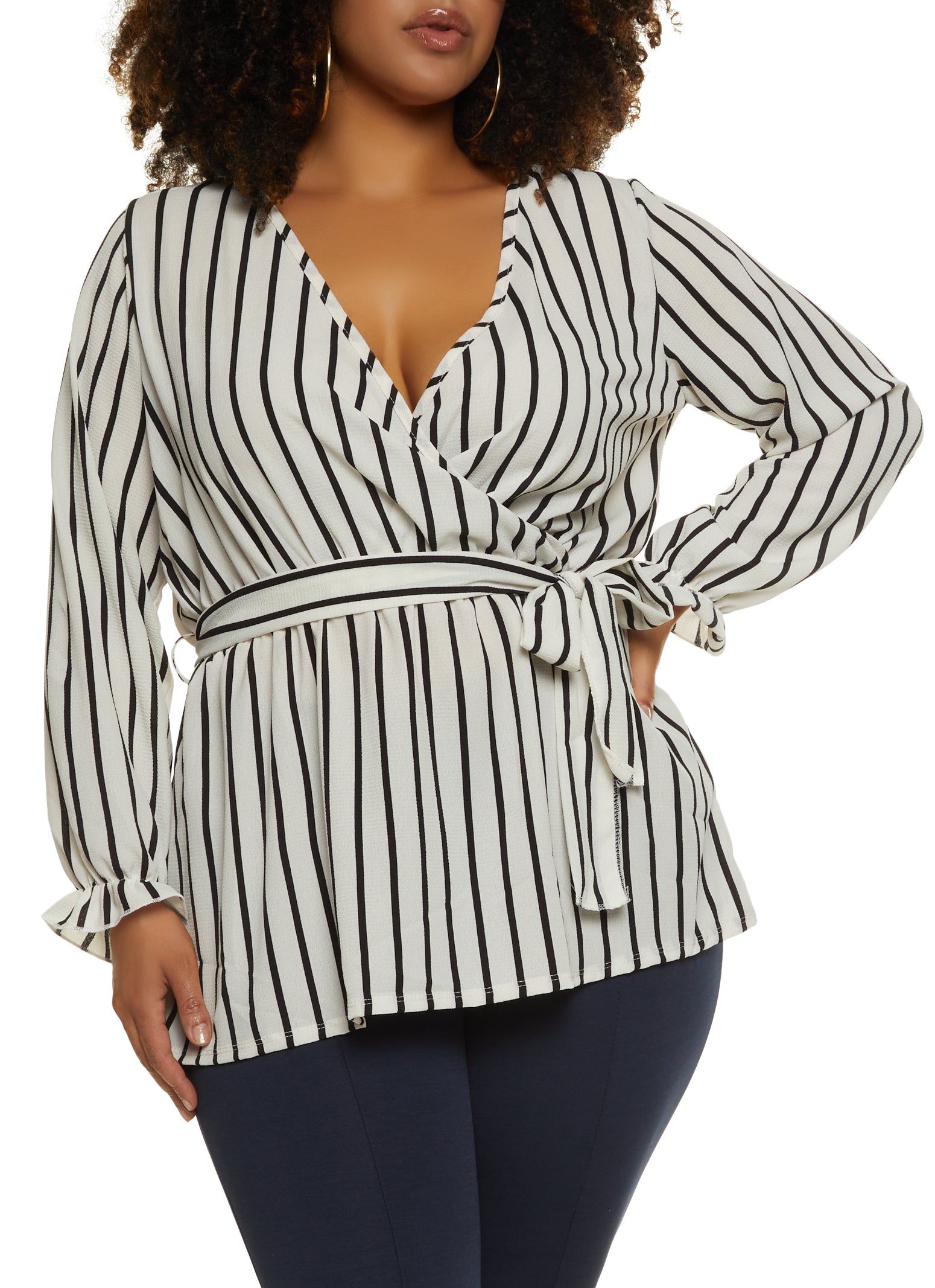 Plus Size Striped Tie Waist Belted Wrap Top sold by Rainbow