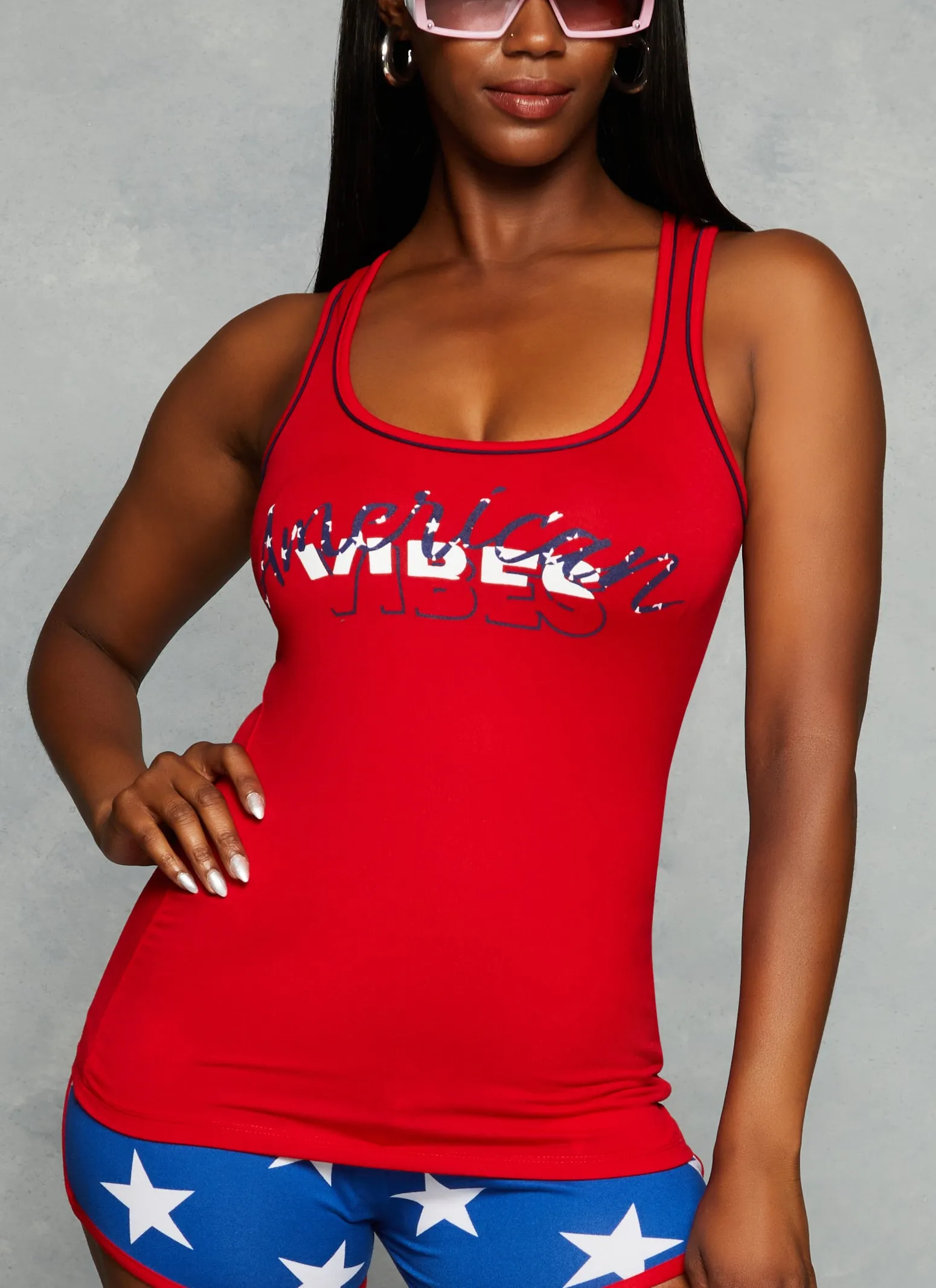 American Vibes Contrast Trim Tank Top sold by Rainbow