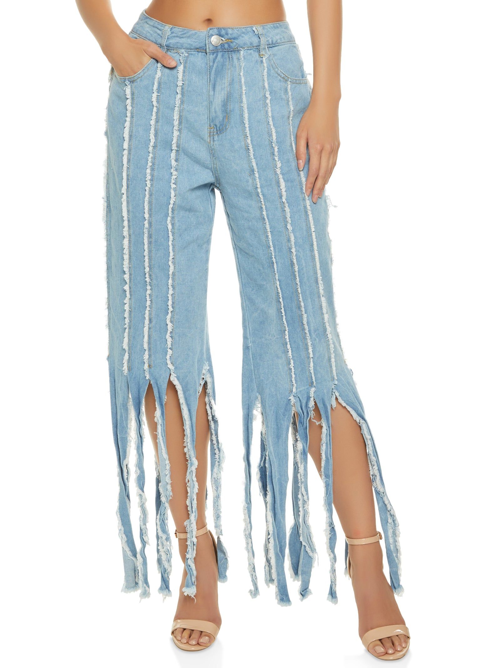 Frayed Fringe Hem Flare Jeans sold by Rainbow