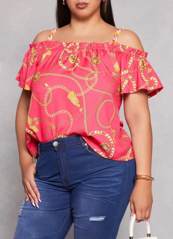 Plus Size Patterned Cold Shoulder Blouse sold by Rainbow