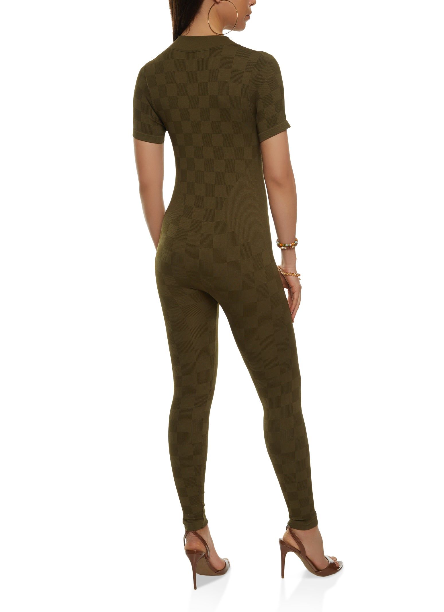 Rib Knit Checkered Zip Front Jumpsuit sold by Rainbow product image thumbnail 2