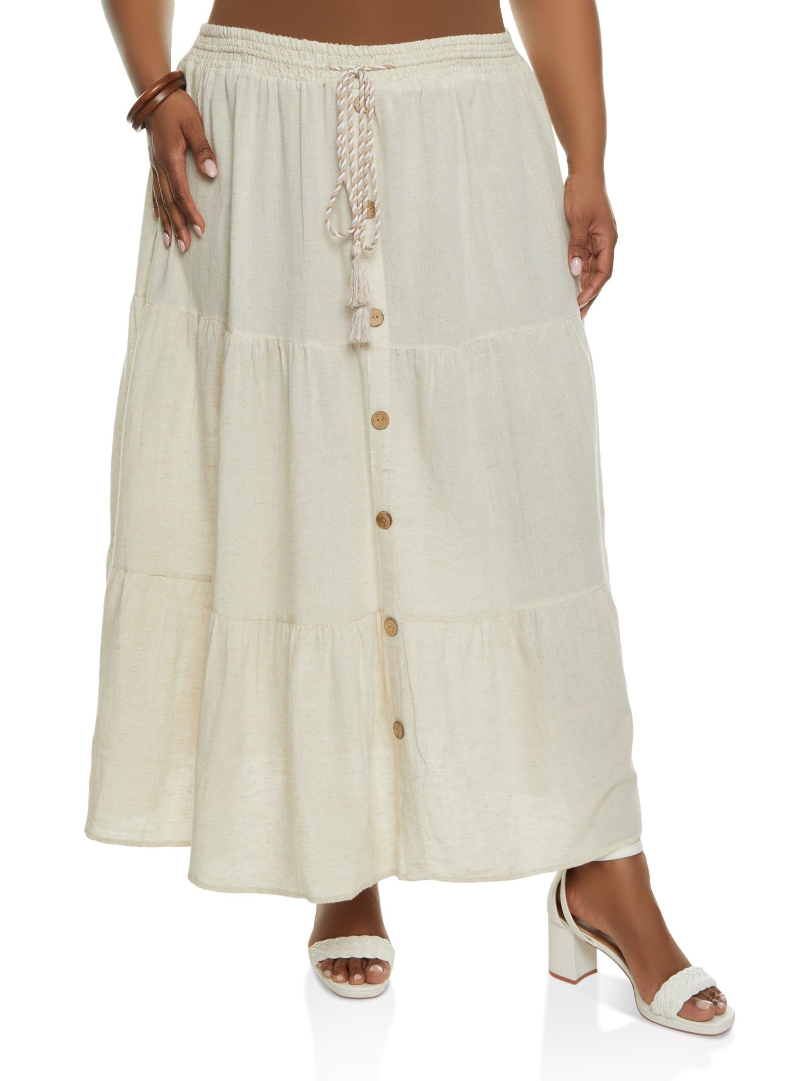 Plus Size Button Front Tiered Maxi Skirt sold by Rainbow