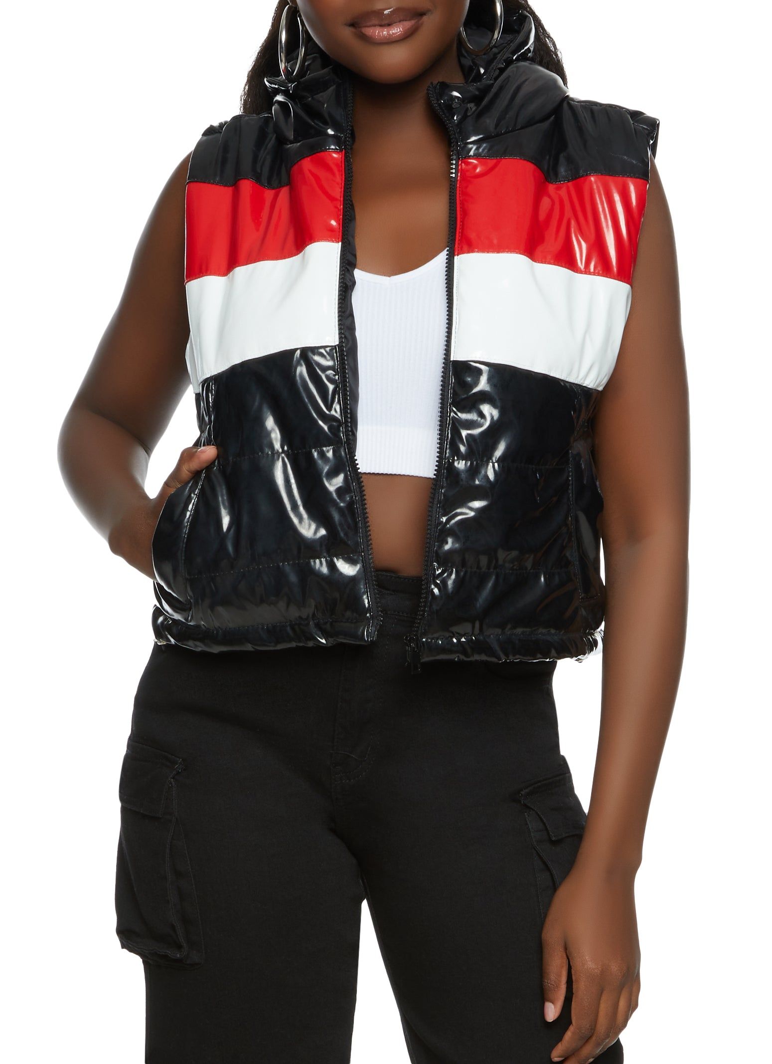 Hooded Faux Patent Leather Puffer Vest sold by Rainbow