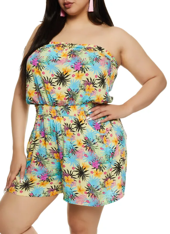 Plus Size Tropical Print Sleeveless Smocked Waist Romper sold by Rainbow